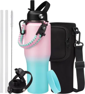 Insulated Water Bottle 32OZ That Fits in Cup Holder - Metal Travel Mug Insulated Cup Water Bottle Straw & Spout Lids, Paracord Handle, Carrying Case with Strap, Double Wall Vacuum Thermo Coffee Mug