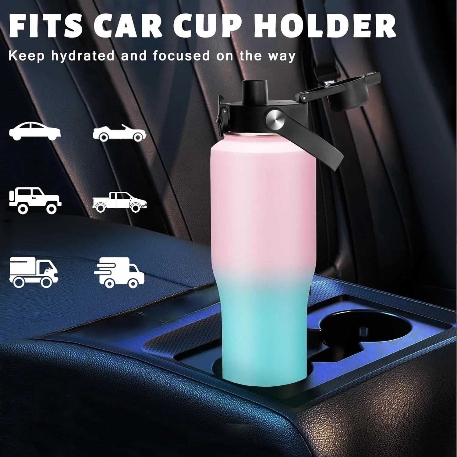 Insulated Water Bottle 32OZ That Fits in Cup Holder - Metal Travel Mug Insulated Cup Water Bottle Straw & Spout Lids, Paracord Handle, Carrying Case with Strap, Double Wall Vacuum Thermo Coffee Mug