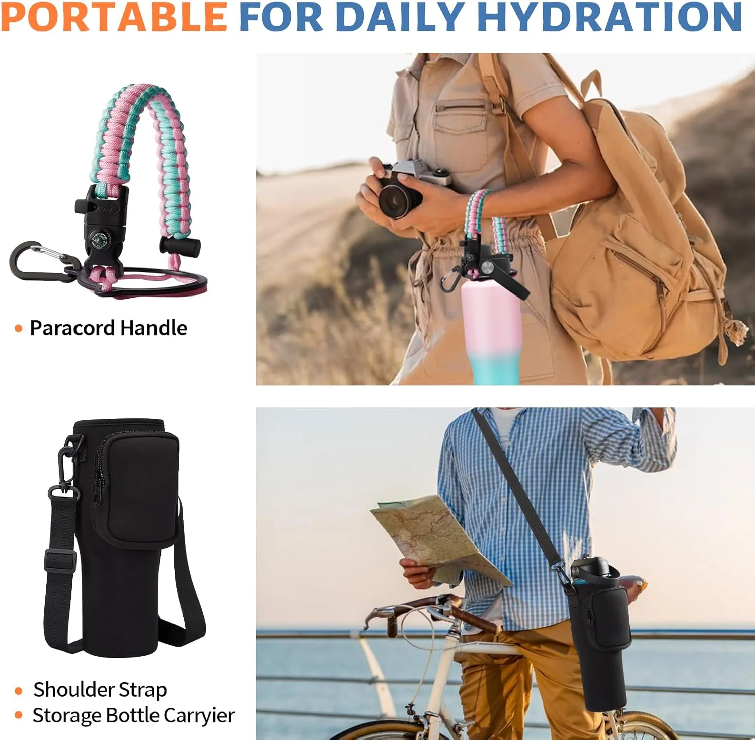 Insulated Water Bottle 32OZ That Fits in Cup Holder - Metal Travel Mug Insulated Cup Water Bottle Straw & Spout Lids, Paracord Handle, Carrying Case with Strap, Double Wall Vacuum Thermo Coffee Mug