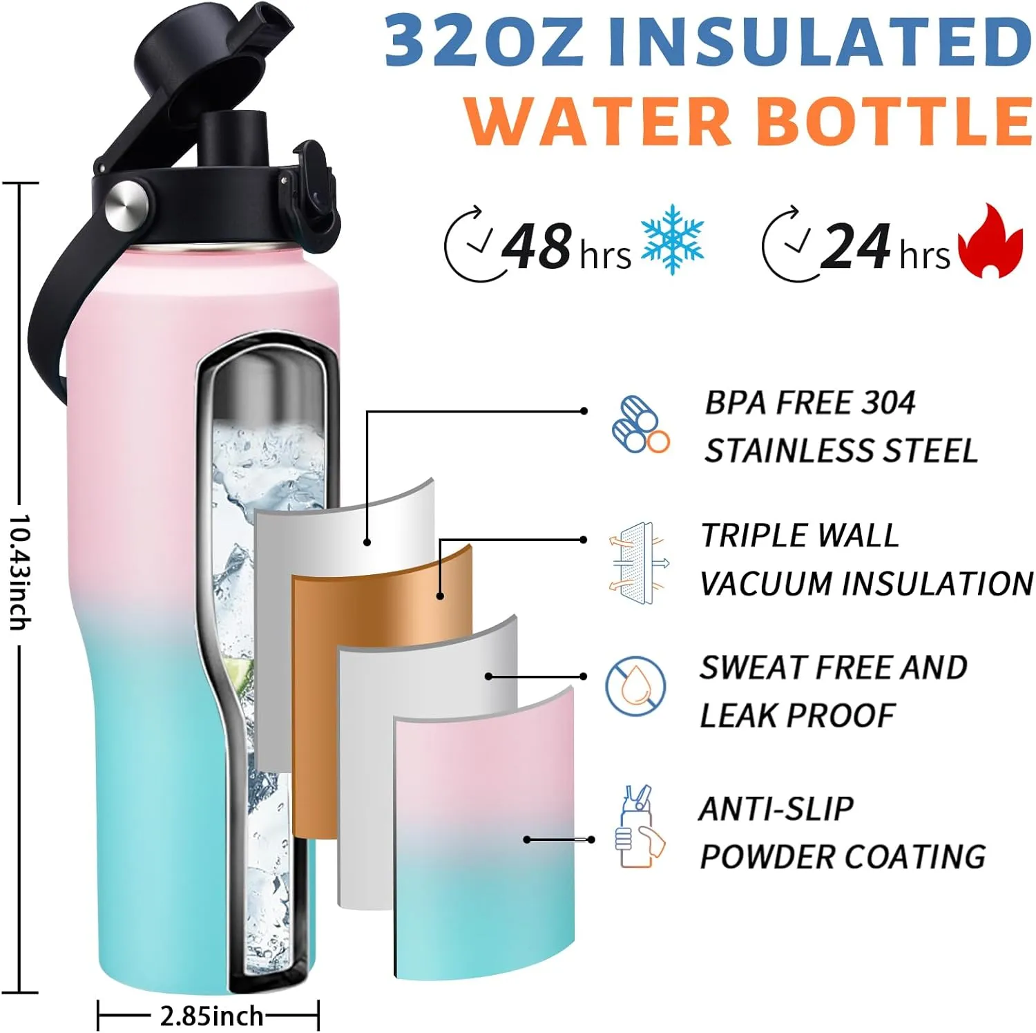 Insulated Water Bottle 32OZ That Fits in Cup Holder - Metal Travel Mug Insulated Cup Water Bottle Straw & Spout Lids, Paracord Handle, Carrying Case with Strap, Double Wall Vacuum Thermo Coffee Mug