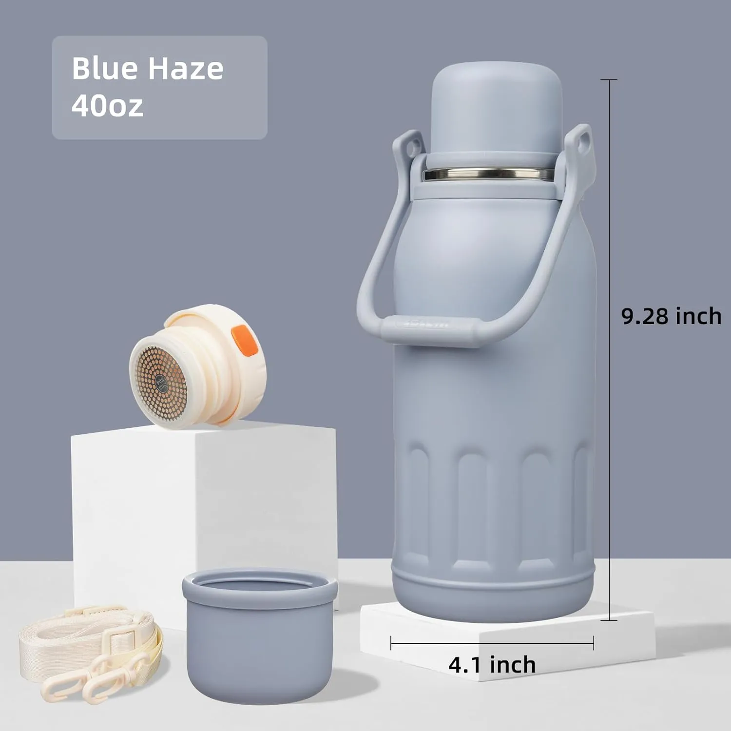 Insulated Water Bottle with Handle and Strap,Vacuum Travel Tumbler with Cup Lid,Thermo Coffee Cup for Hot Cold Drinks 40 OZ,Blue Haze