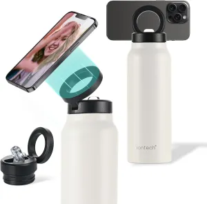 Insulated Water Bottle with Magnetic Phone Holder Compatible with MagSafe and iPhone, Stainless Steel Water Bottle Phone Mount For Sports Travel School, Hot 12H Cold 24H, 24oz (White)