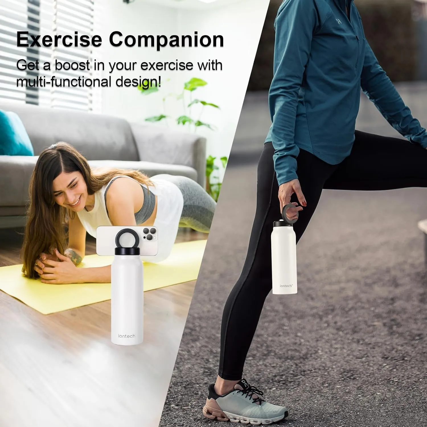 Insulated Water Bottle with Magnetic Phone Holder Compatible with MagSafe and iPhone, Stainless Steel Water Bottle Phone Mount For Sports Travel School, Hot 12H Cold 24H, 24oz (White)