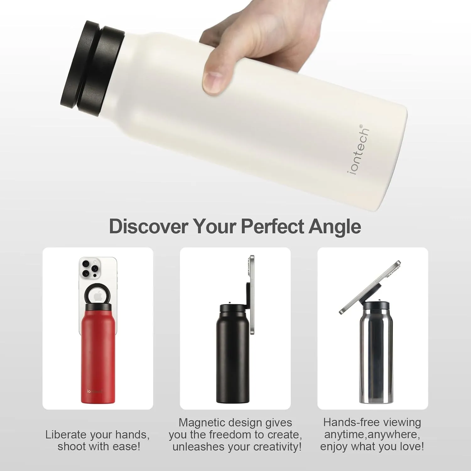 Insulated Water Bottle with Magnetic Phone Holder Compatible with MagSafe and iPhone, Stainless Steel Water Bottle Phone Mount For Sports Travel School, Hot 12H Cold 24H, 24oz (White)