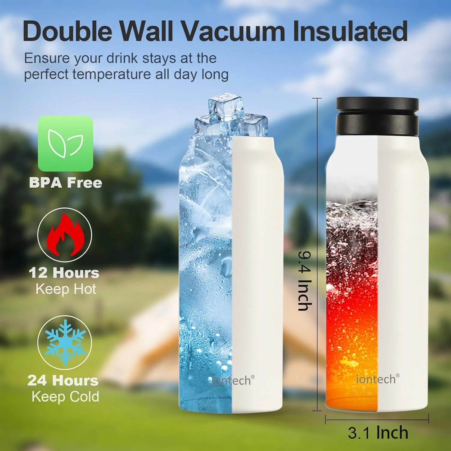 Insulated Water Bottle with Magnetic Phone Holder Compatible with MagSafe and iPhone, Stainless Steel Water Bottle Phone Mount For Sports Travel School, Hot 12H Cold 24H, 24oz (White)