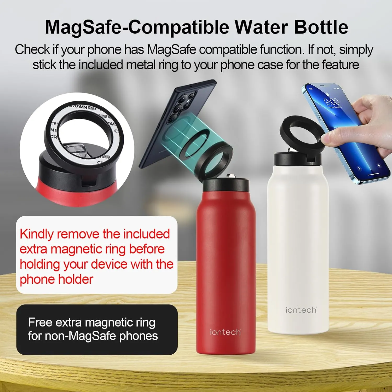 Insulated Water Bottle with Magnetic Phone Holder Compatible with MagSafe and iPhone, Stainless Steel Water Bottle Phone Mount For Sports Travel School, Hot 12H Cold 24H, 24oz (White)