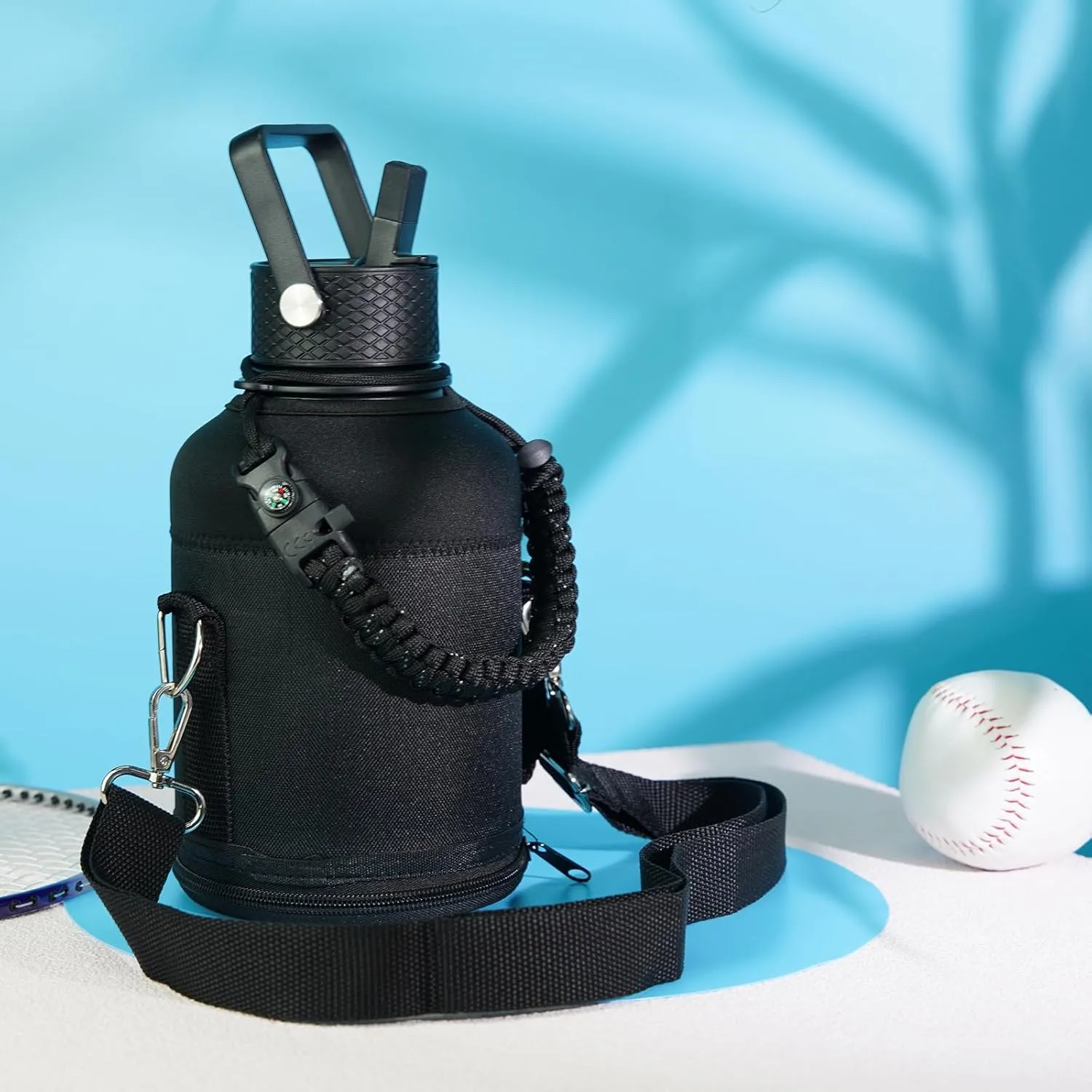 Insulated Water Bottle with Straw,50 oz 3 Lids Water Jug with Carrying Bag,Paracord Handle,Double Wall Vacuum Stainless Steel Metal Flask,Gum