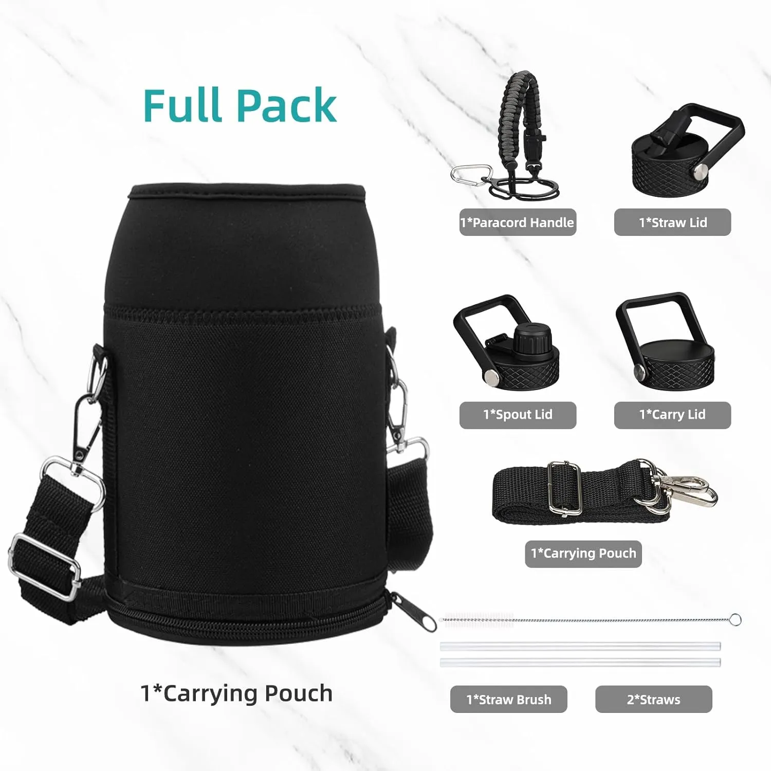 Insulated Water Bottle with Straw,50 oz 3 Lids Water Jug with Carrying Bag,Paracord Handle,Double Wall Vacuum Stainless Steel Metal Flask,Gum