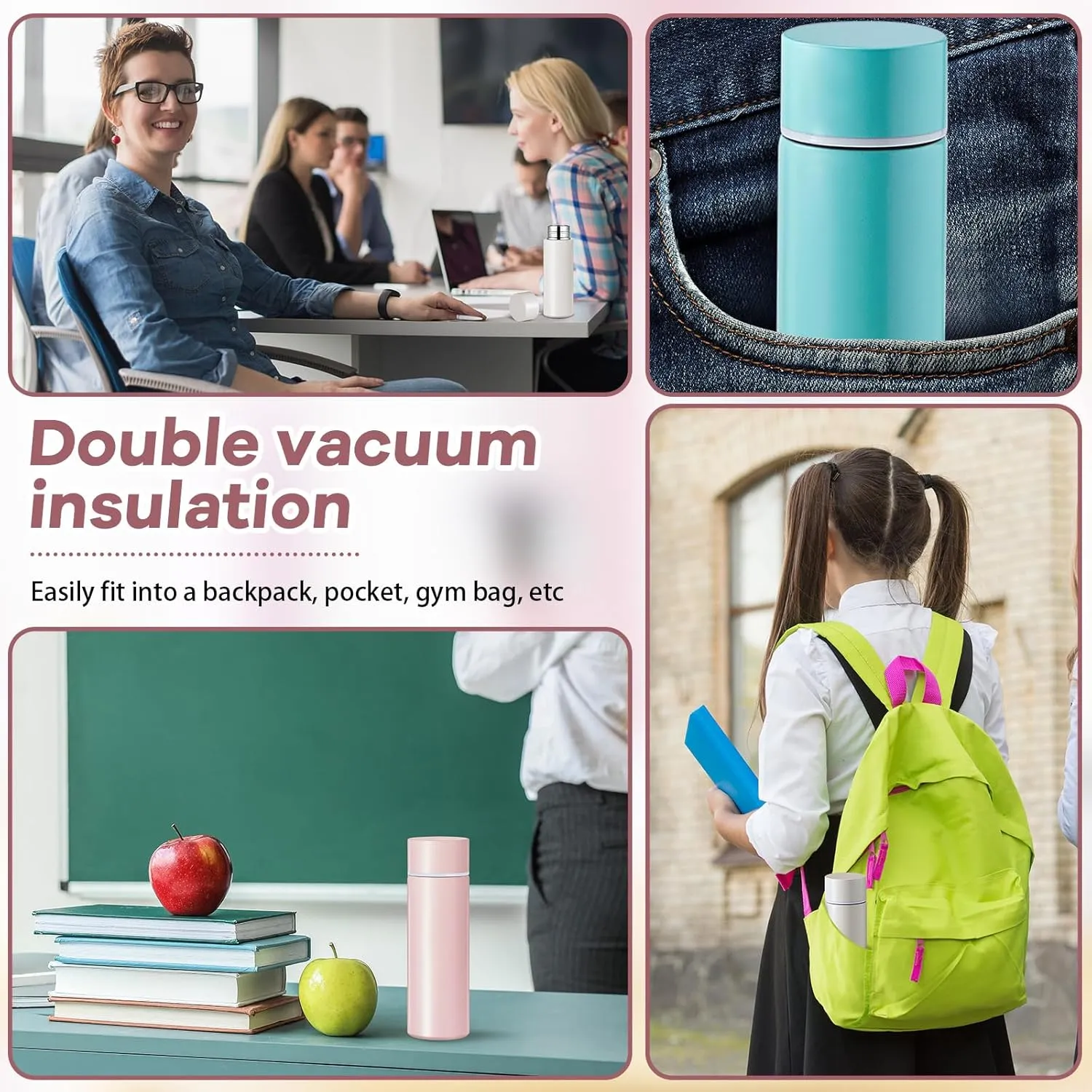 Irenare 5oz Mini Water Bottle Mini Insulated Stainless Steel Bottle Purse Water Bottle Cute Leak Proof Flask Keeps Drink Cold and Hot for Purse Women(White, Pink, Purple, Blue,4 Pieces)