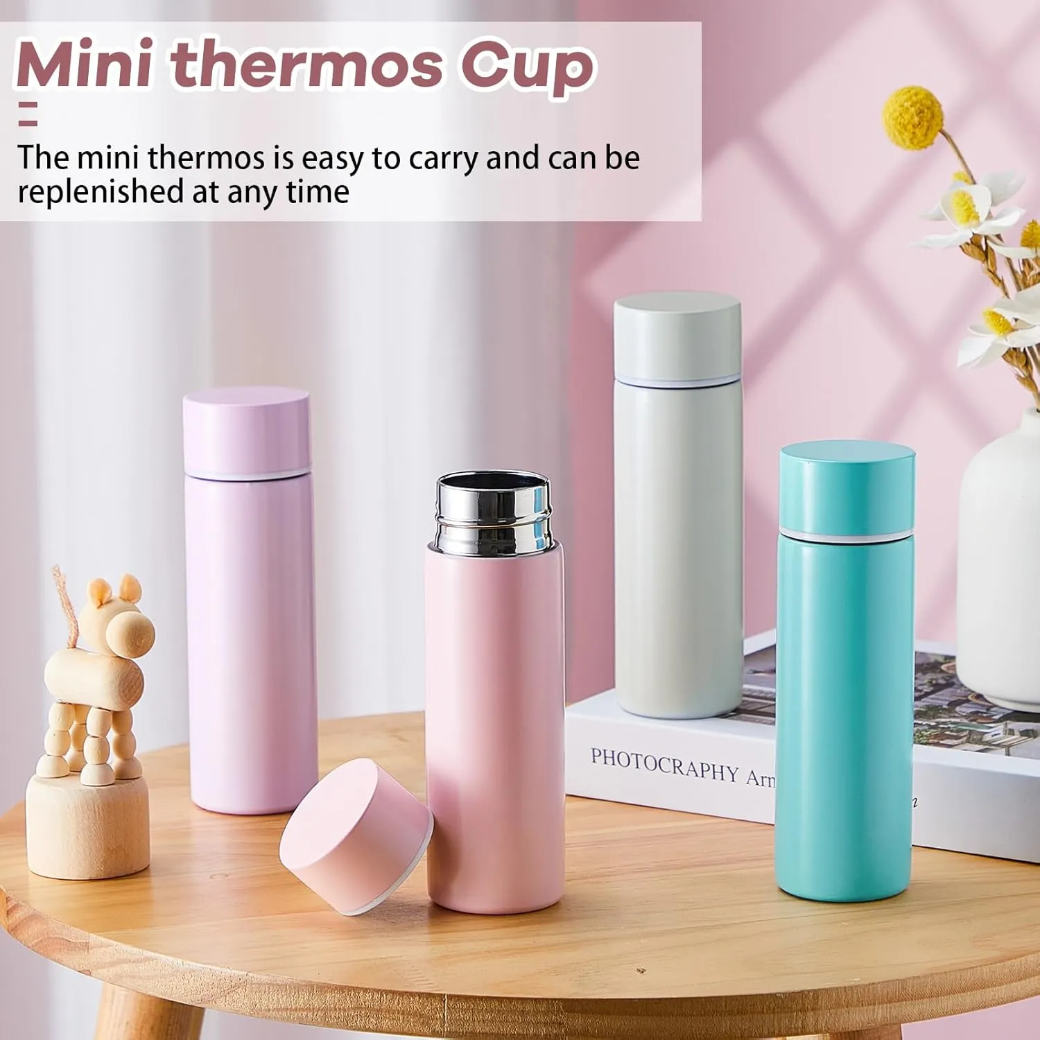 Irenare 5oz Mini Water Bottle Mini Insulated Stainless Steel Bottle Purse Water Bottle Cute Leak Proof Flask Keeps Drink Cold and Hot for Purse Women(White, Pink, Purple, Blue,4 Pieces)