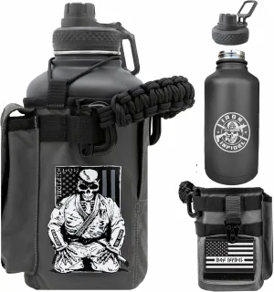 Iron Infidel Battle Bottle - Half Gallon Water Bottle Insulated, 64 oz Stainless Steel Water Jug with Handle - Gym Water Bottle for Men with Rugged Sleeve for Storage (Earned, Not Given 2 Liter)