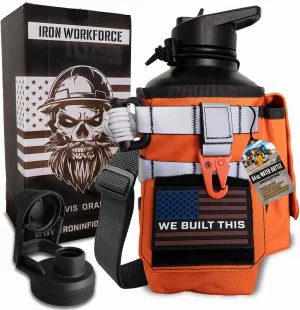 Iron Infidel Workforce Water Bottle - 64 oz Insulated Stainless Steel | Half Gallon Vacuum Water Jug | Paracord Handle, Removable Sleeve | Large Thermal Flask | Hiking, Camping, Workouts (Orange)