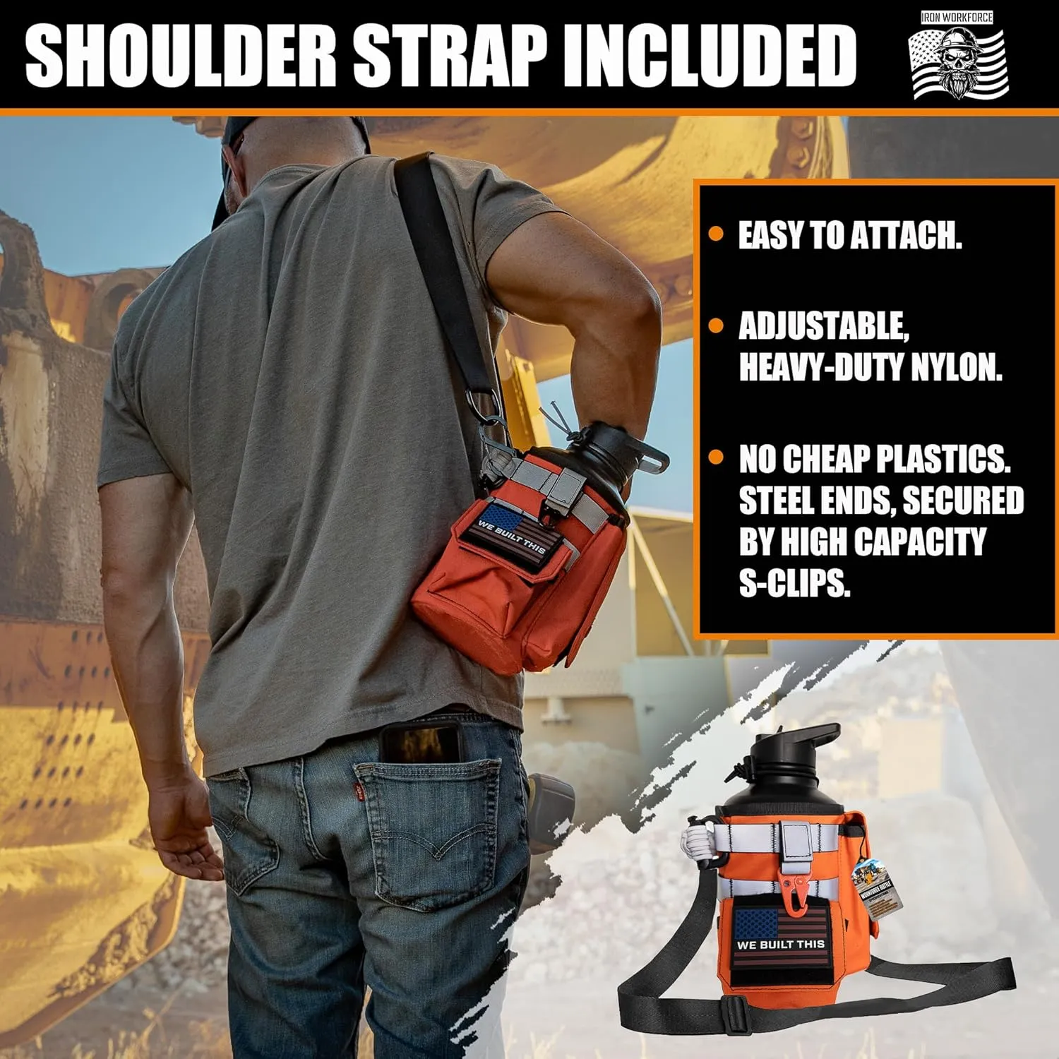Iron Infidel Workforce Water Bottle - 64 oz Insulated Stainless Steel | Half Gallon Vacuum Water Jug | Paracord Handle, Removable Sleeve | Large Thermal Flask | Hiking, Camping, Workouts (Orange)