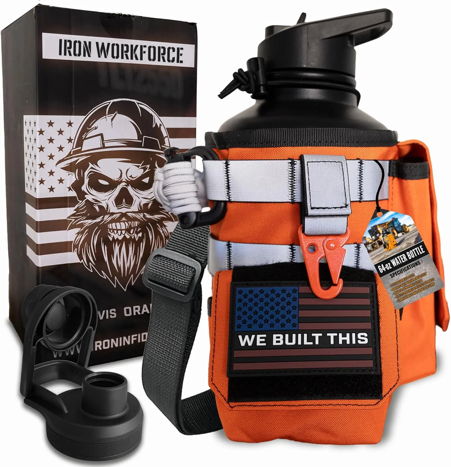 Iron Infidel Workforce Water Bottle - 64 oz Insulated Stainless Steel | Half Gallon Vacuum Water Jug | Paracord Handle, Removable Sleeve | Large Thermal Flask | Hiking, Camping, Workouts (Orange)