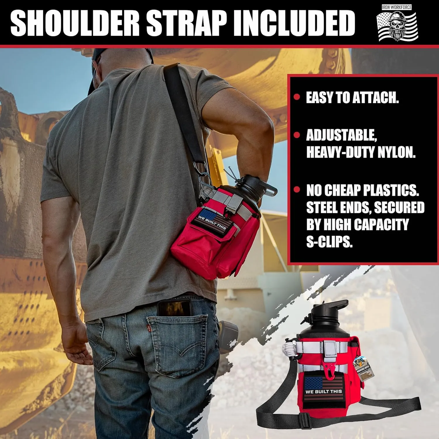 Iron Infidel Workforce Water Bottle - 64 oz Insulated Stainless Steel | Half Gallon Vacuum Water Jug | Paracord Handle, Removable Sleeve | Large Thermal Flask | Hiking, Camping, Workouts (Red)