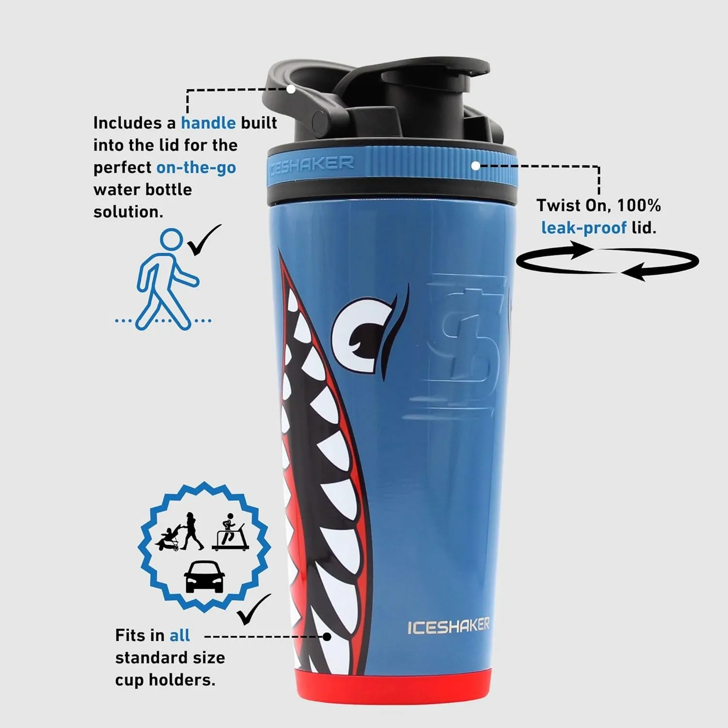 IS ICESHAKER Ice Shaker 26oz Insulated Protein Shaker Bottle, WWII Warhawk Blue Bomber, Insulated Gym Water Bottle, As Seen on Shark Tank, Blue Bomber