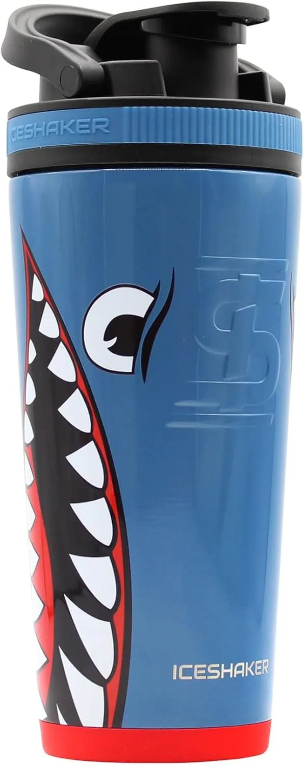 IS ICESHAKER Ice Shaker 26oz Insulated Protein Shaker Bottle, WWII Warhawk Blue Bomber, Insulated Gym Water Bottle, As Seen on Shark Tank, Blue Bomber