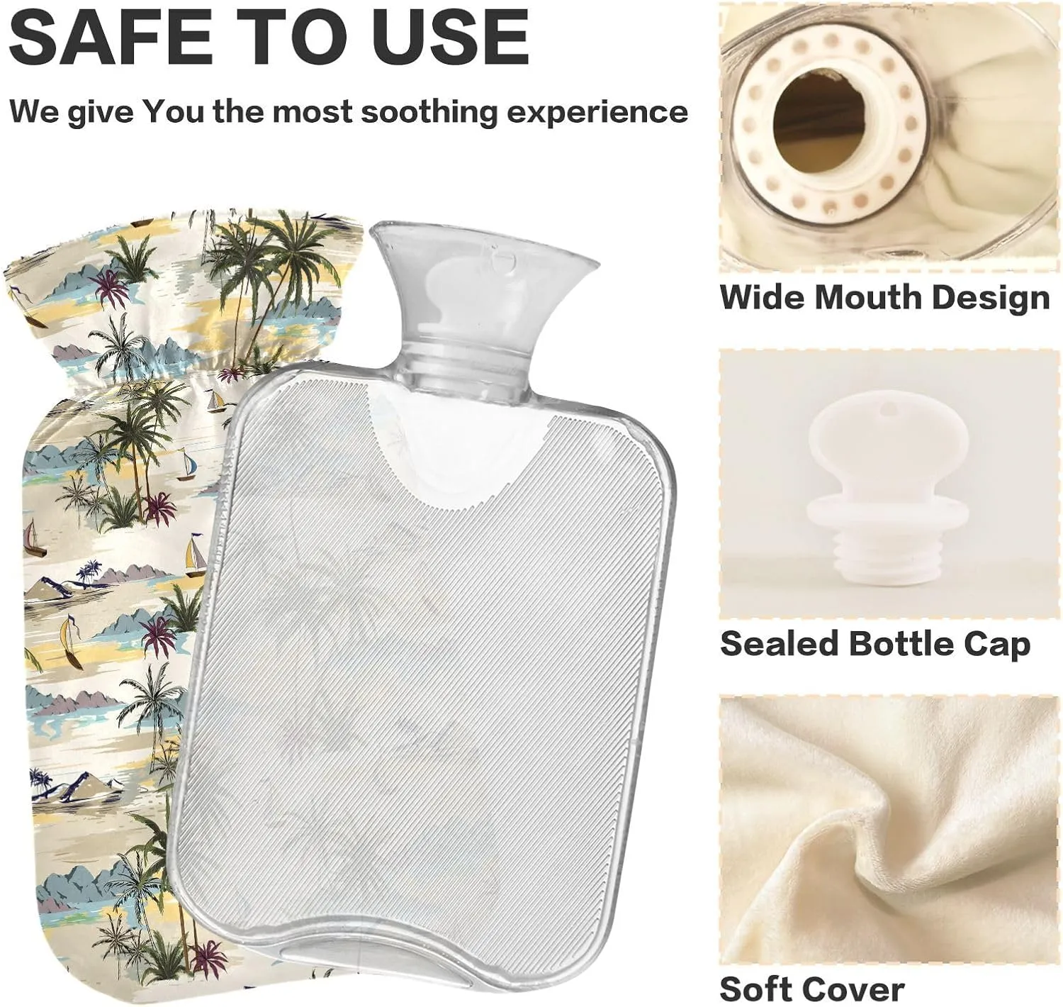 Island Beige Hot Water Bottle with Cover, 1 Liters Hot Water Bag for Menstrual Cramps, Neck and Shoulder Pain Relief, Hot and Cold Compress