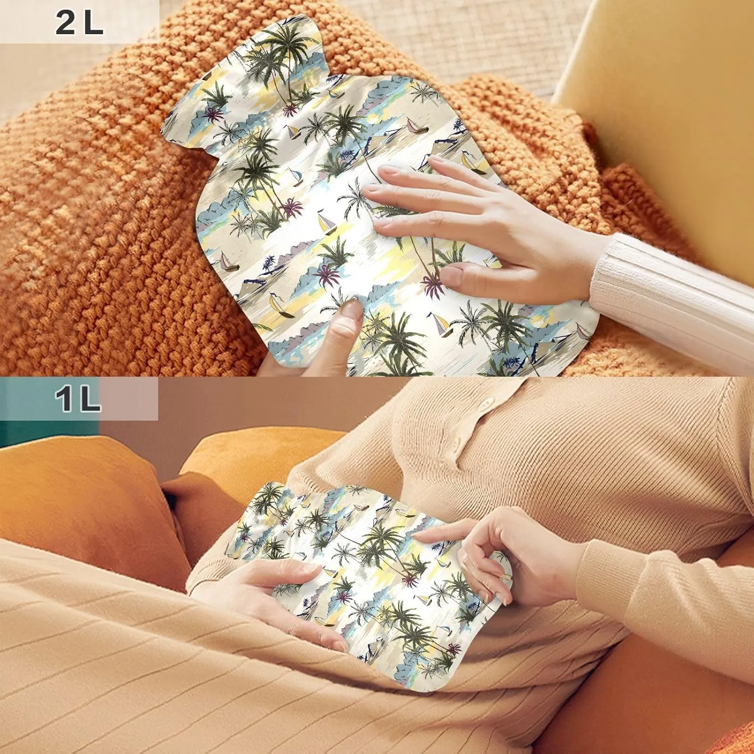 Island Beige Hot Water Bottle with Cover, 1 Liters Hot Water Bag for Menstrual Cramps, Neck and Shoulder Pain Relief, Hot and Cold Compress