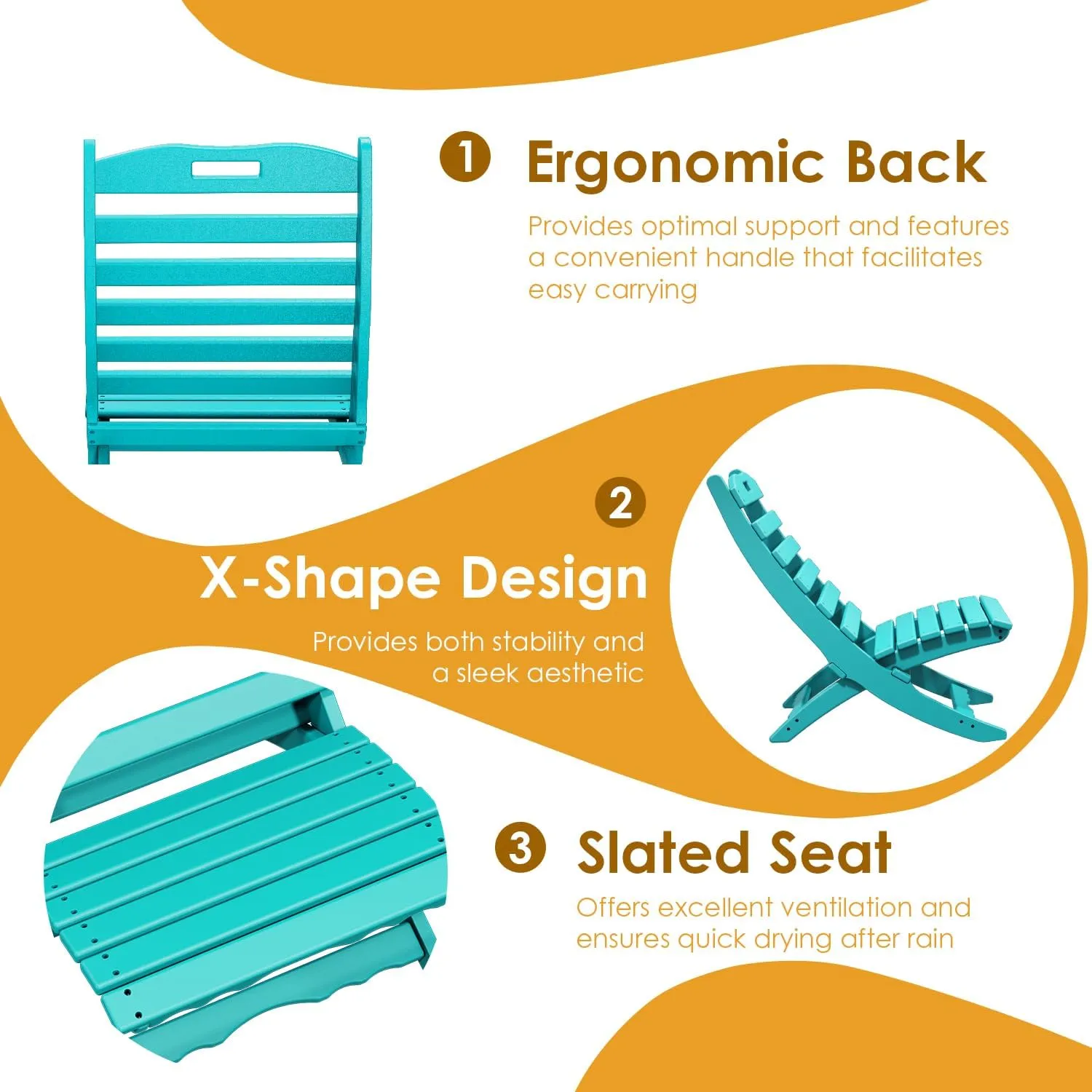 IVY&LANE Portable Xavier-Chair | Folding-Adirondack-Chairs | Wave | HDPE Plastic | Aqua | All-Weather Resistant | for Outdoor Fire-Pit Patio Lawn Beach Poolside