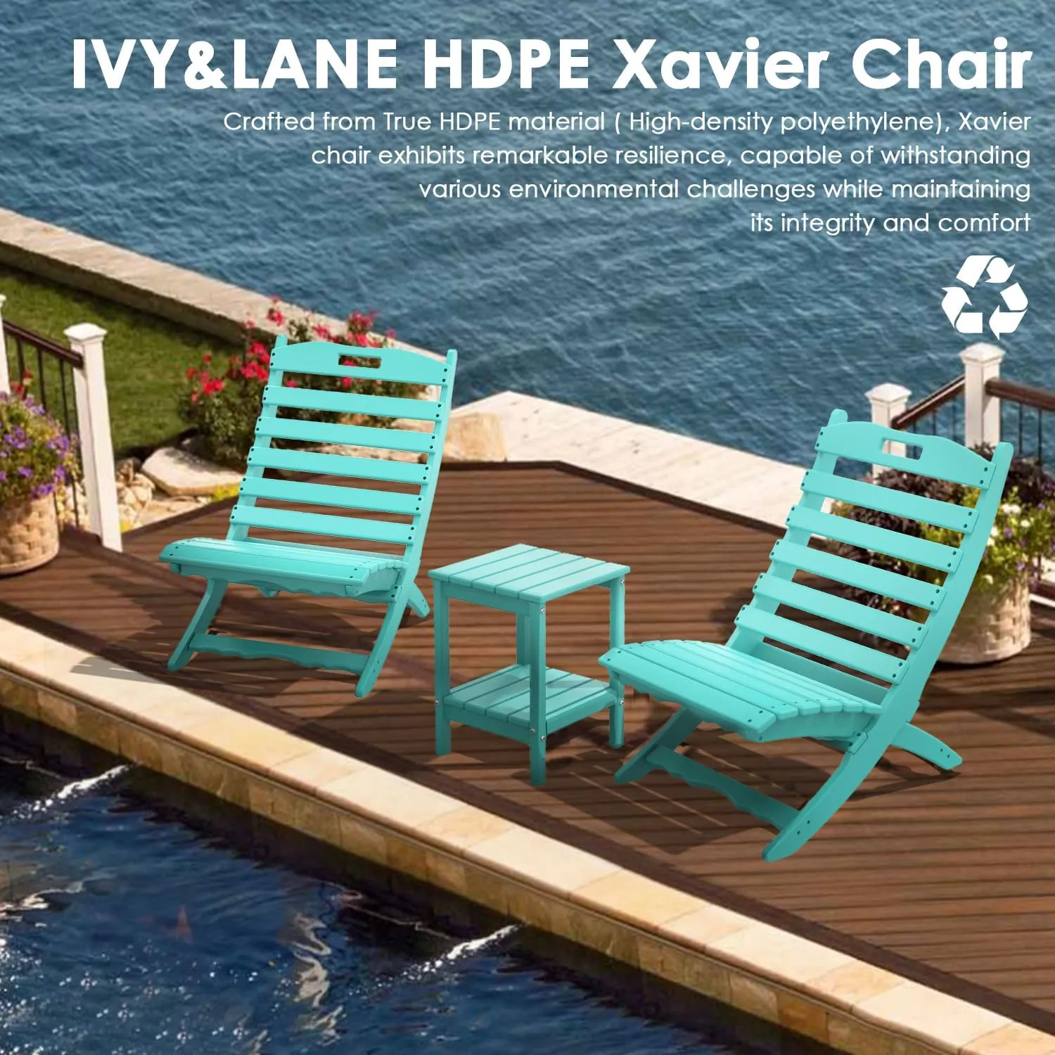 IVY&LANE Portable Xavier-Chair | Folding-Adirondack-Chairs | Wave | HDPE Plastic | Aqua | All-Weather Resistant | for Outdoor Fire-Pit Patio Lawn Beach Poolside