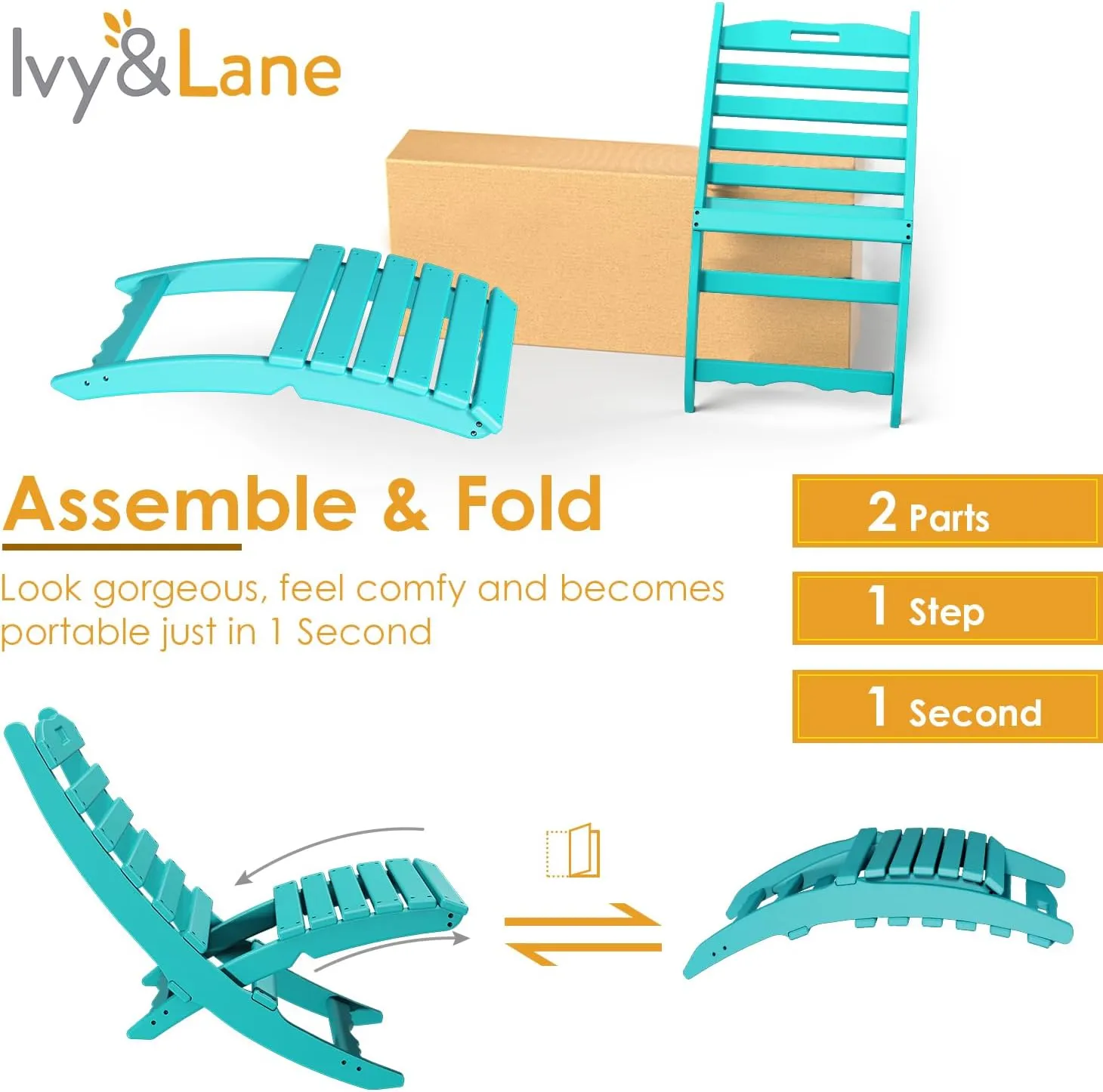 IVY&LANE Portable Xavier-Chair | Folding-Adirondack-Chairs | Wave | HDPE Plastic | Aqua | All-Weather Resistant | for Outdoor Fire-Pit Patio Lawn Beach Poolside
