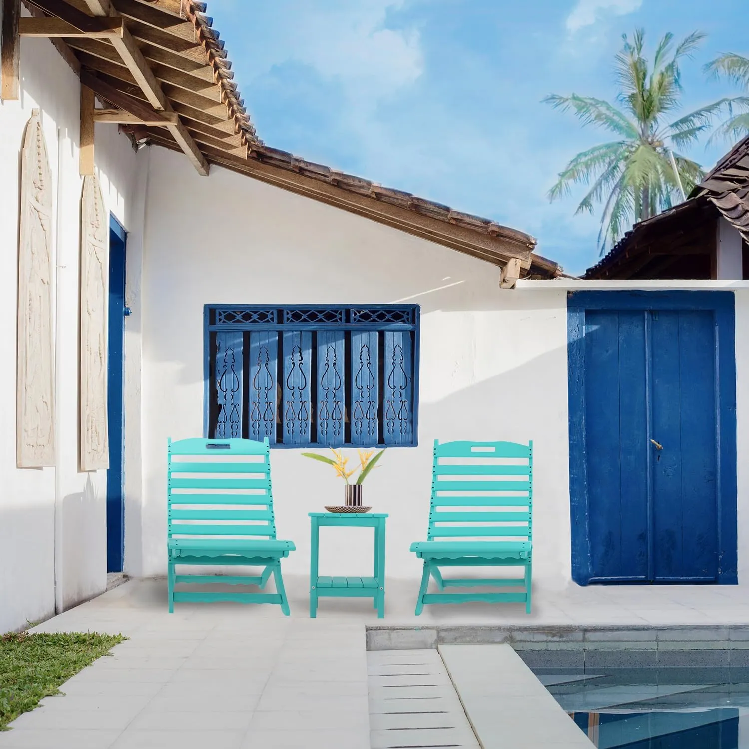 IVY&LANE Portable Xavier-Chair | Folding-Adirondack-Chairs | Wave | HDPE Plastic | Aqua | All-Weather Resistant | for Outdoor Fire-Pit Patio Lawn Beach Poolside
