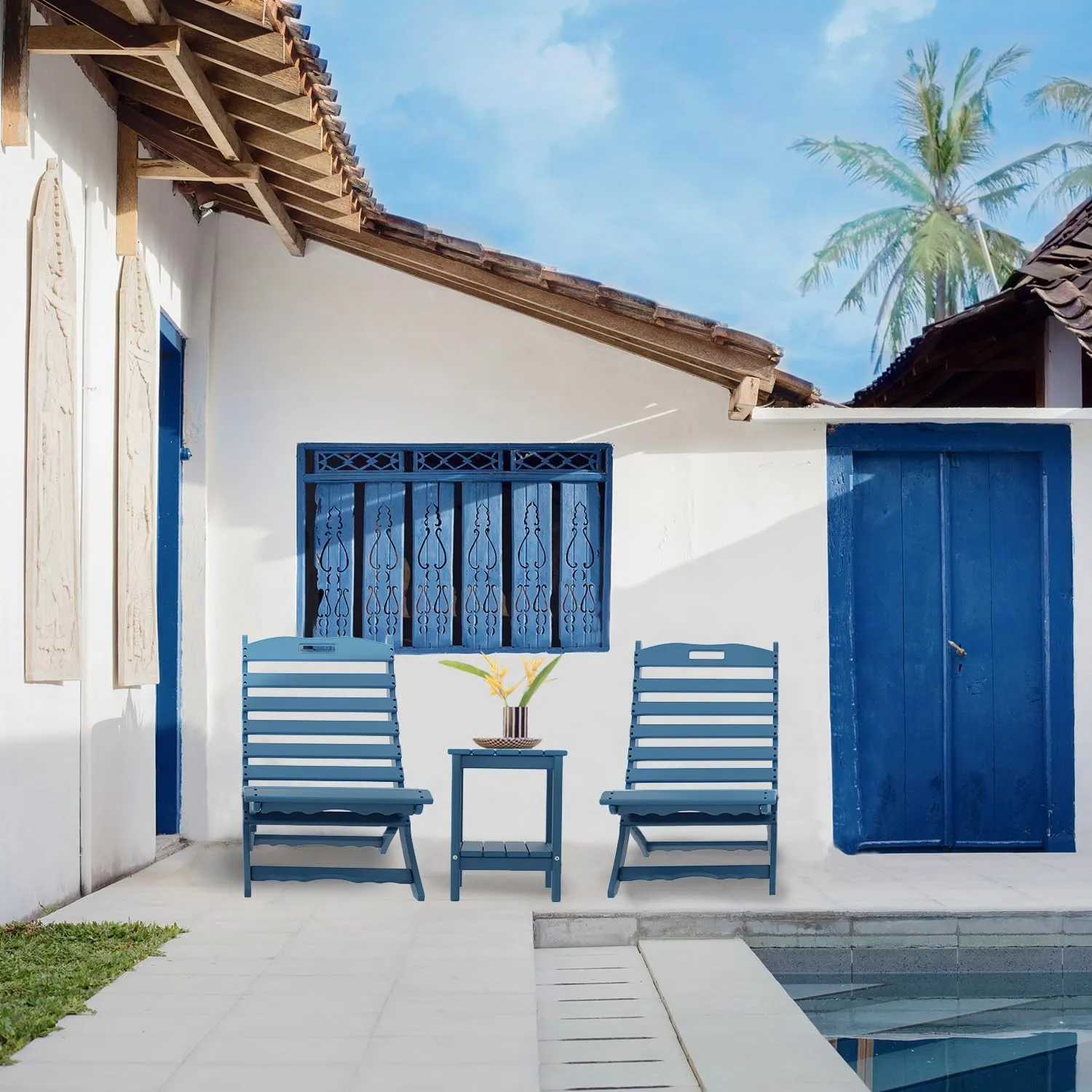 IVY&LANE Portable Xavier-Chair | Folding-Adirondack-Chairs | Wave | HDPE Plastic | Blue | All-Weather Resistant | for Outdoor Fire-Pit Patio Lawn Beach Poolside