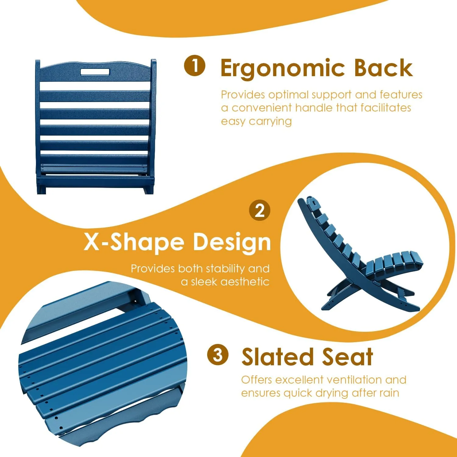 IVY&LANE Portable Xavier-Chair | Folding-Adirondack-Chairs | Wave | HDPE Plastic | Blue | All-Weather Resistant | for Outdoor Fire-Pit Patio Lawn Beach Poolside