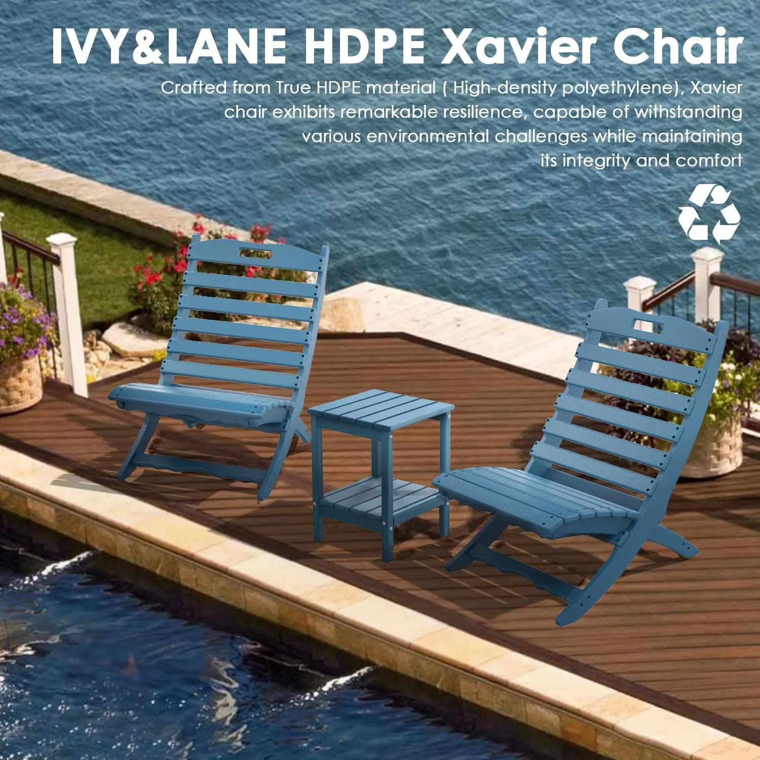 IVY&LANE Portable Xavier-Chair | Folding-Adirondack-Chairs | Wave | HDPE Plastic | Blue | All-Weather Resistant | for Outdoor Fire-Pit Patio Lawn Beach Poolside