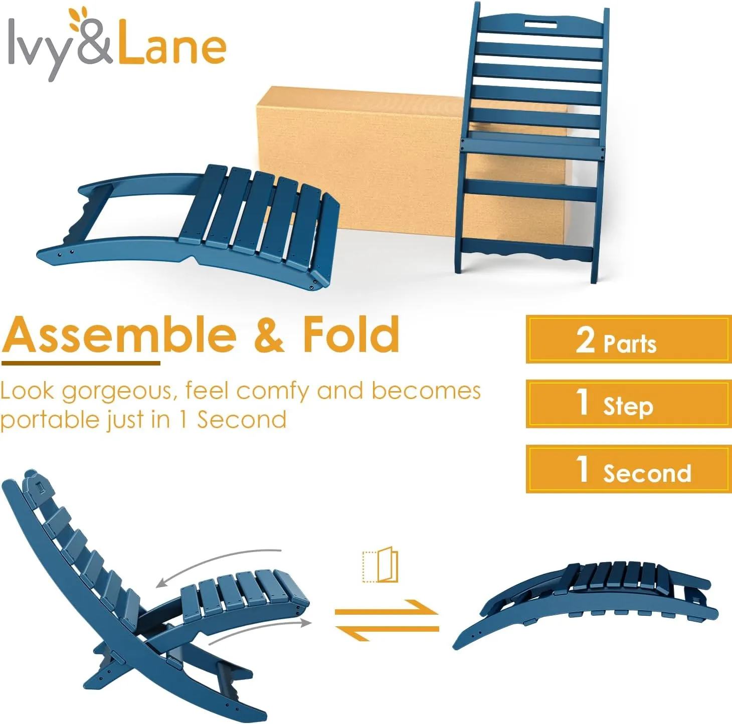 IVY&LANE Portable Xavier-Chair | Folding-Adirondack-Chairs | Wave | HDPE Plastic | Blue | All-Weather Resistant | for Outdoor Fire-Pit Patio Lawn Beach Poolside
