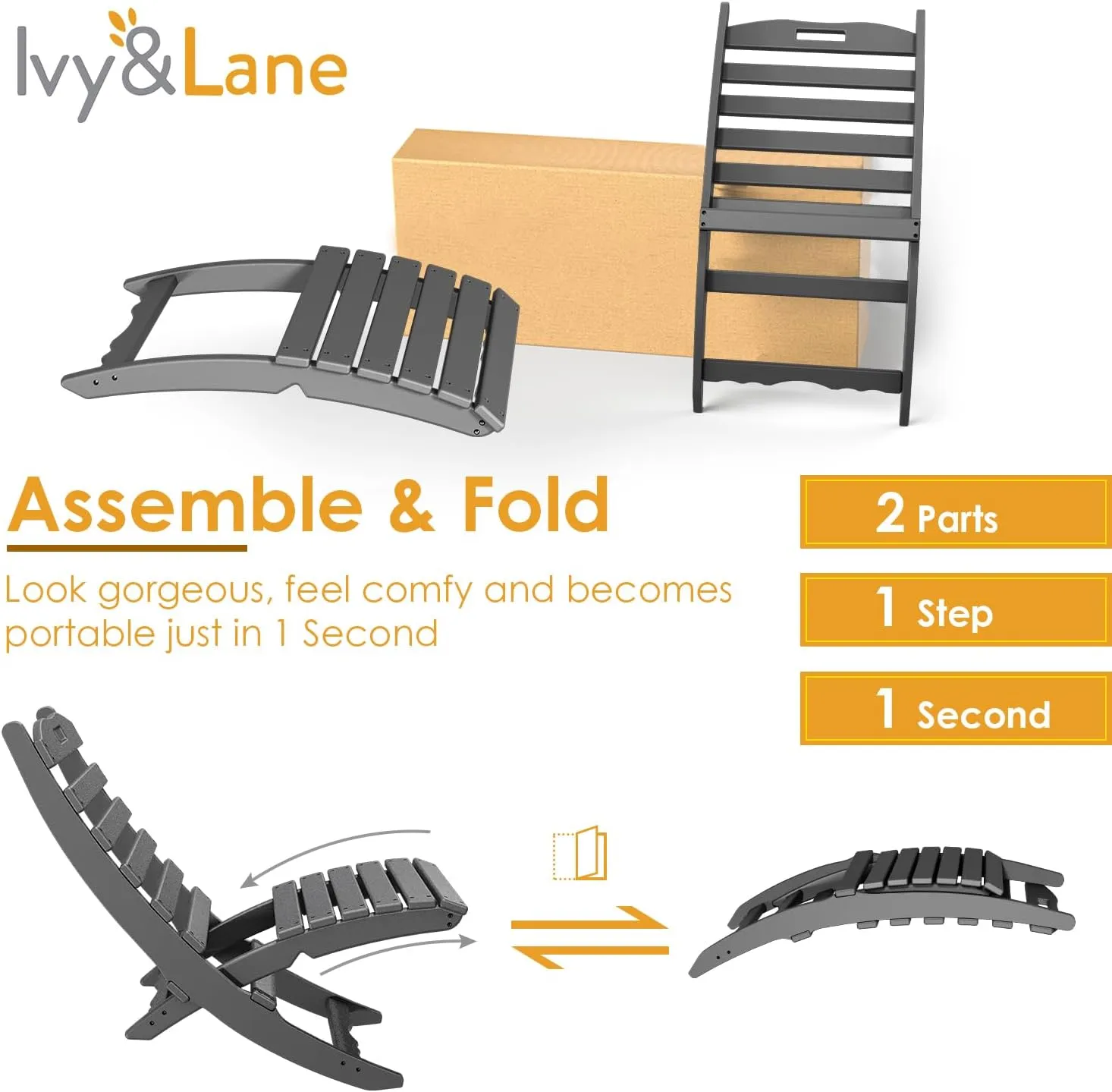 IVY&LANE Portable Xavier-Chair | Folding-Adirondack-Chairs | Wave | HDPE Plastic | Grey | All-Weather Resistant | for Outdoor Fire-Pit Patio Lawn Beach Poolside