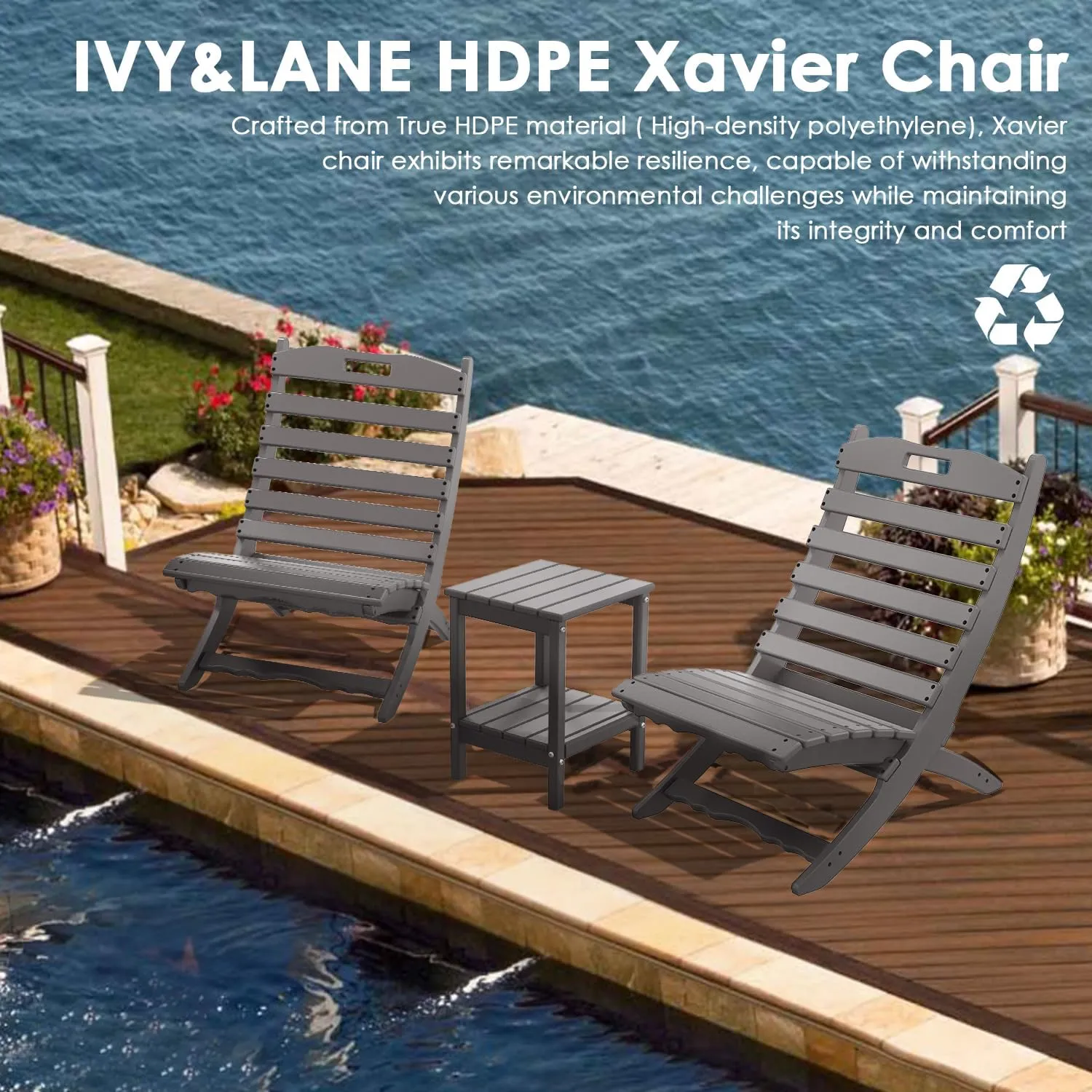 IVY&LANE Portable Xavier-Chair | Folding-Adirondack-Chairs | Wave | HDPE Plastic | Grey | All-Weather Resistant | for Outdoor Fire-Pit Patio Lawn Beach Poolside