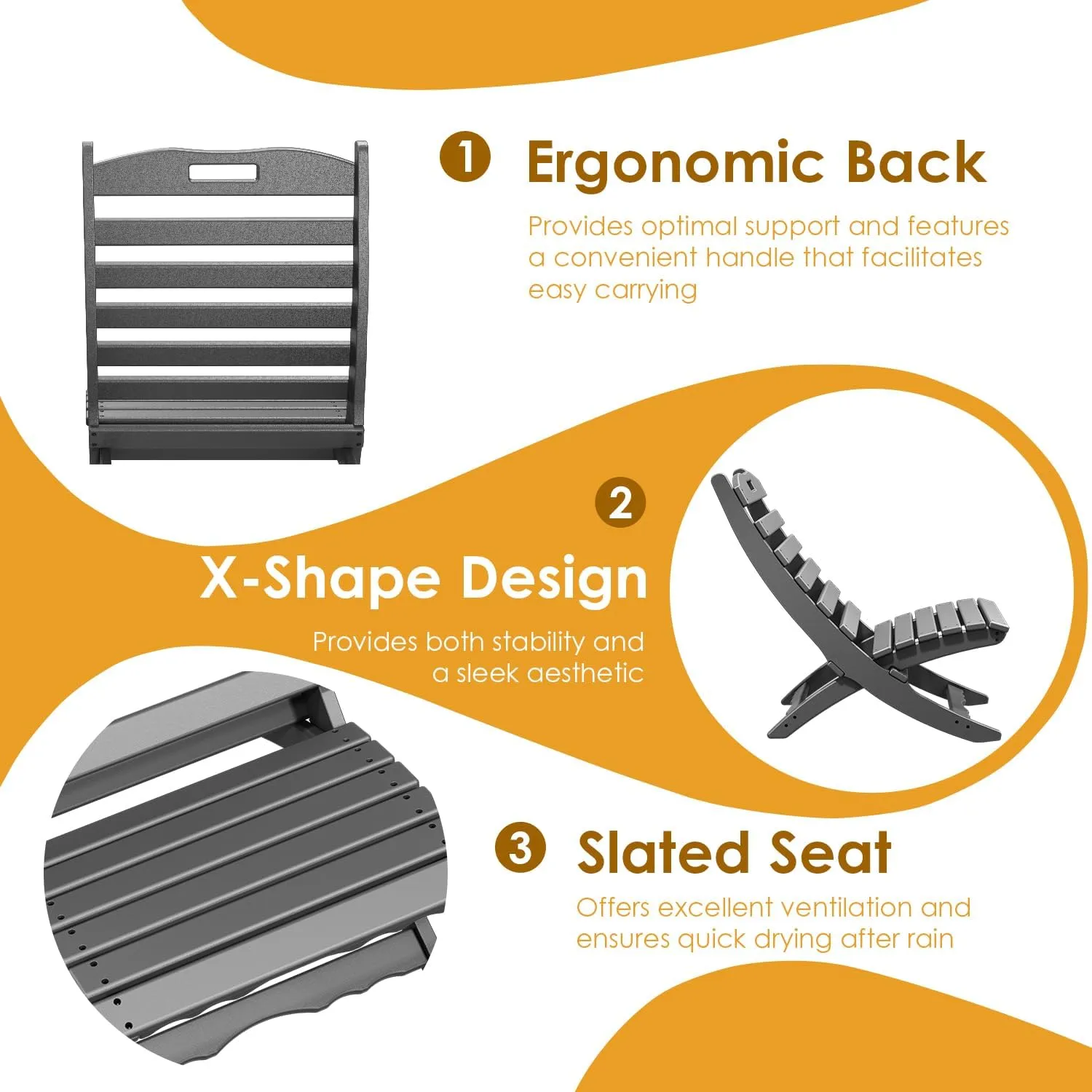 IVY&LANE Portable Xavier-Chair | Folding-Adirondack-Chairs | Wave | HDPE Plastic | Grey | All-Weather Resistant | for Outdoor Fire-Pit Patio Lawn Beach Poolside