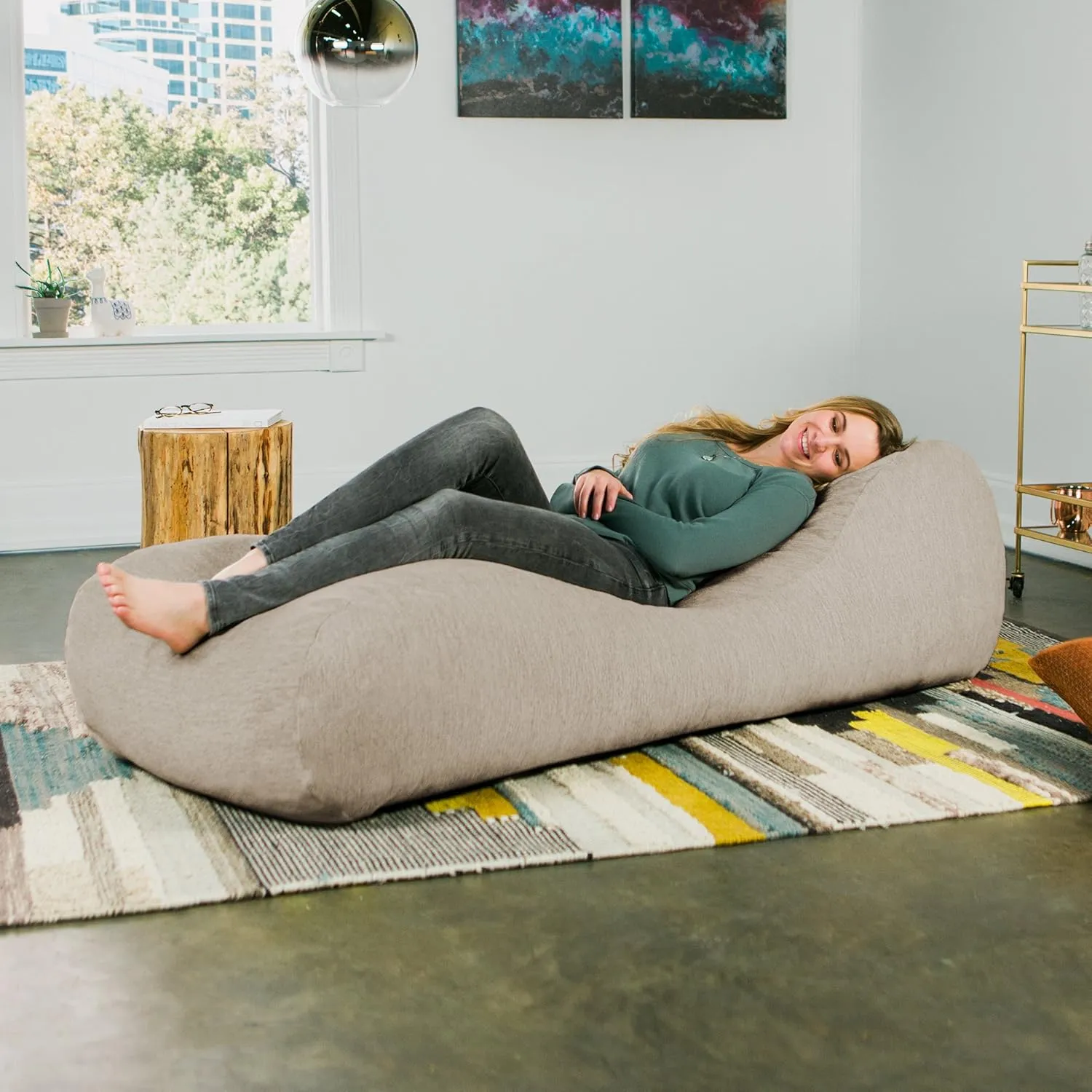 Jaxx Arlo Chaise Lounger Foam Bean Bag Chair - Premium Chenille, Beige