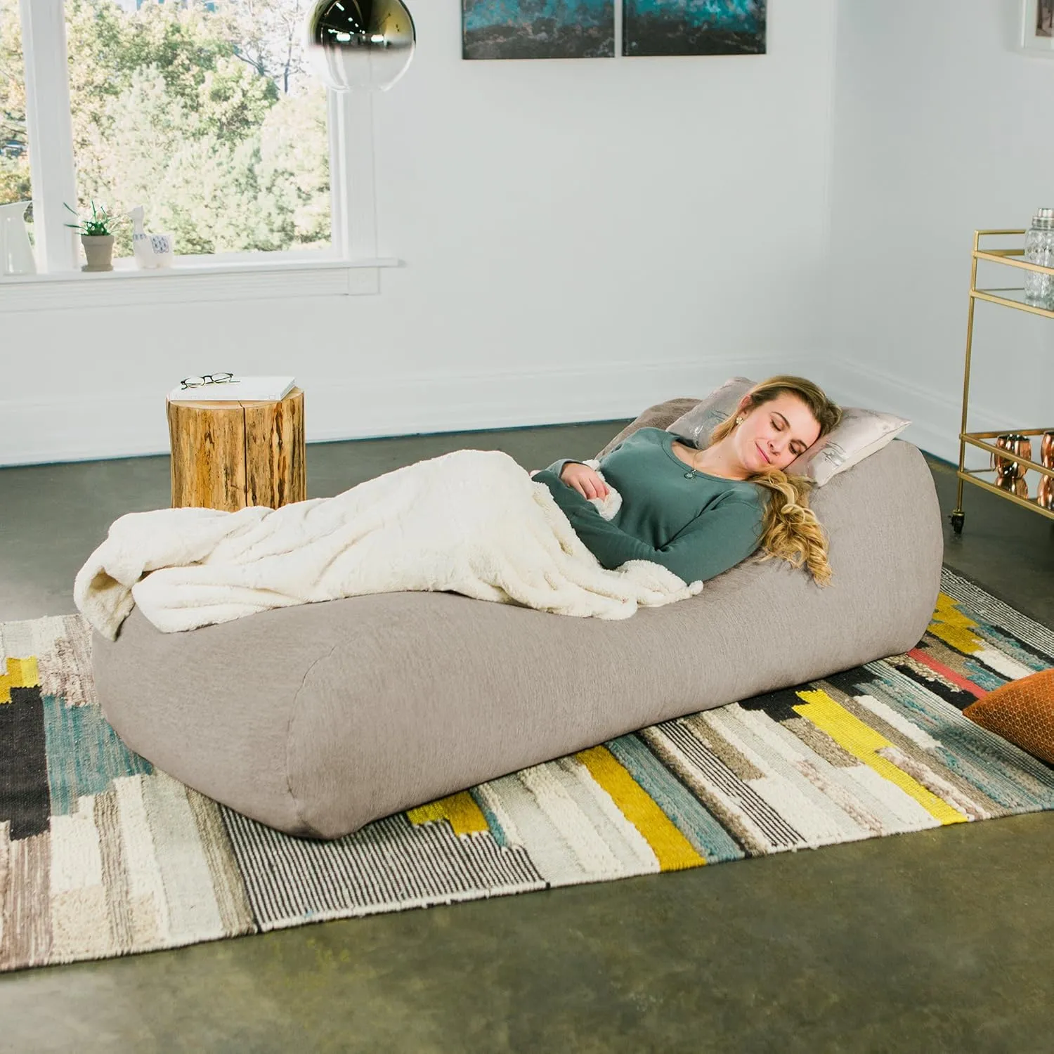 Jaxx Arlo Chaise Lounger Foam Bean Bag Chair - Premium Chenille, Beige