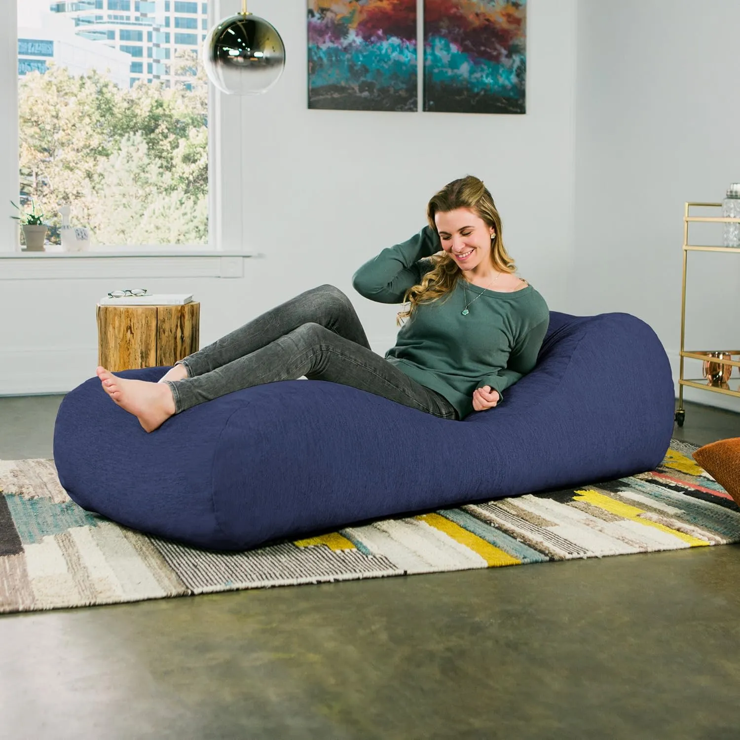 Jaxx Arlo Chaise Lounger Foam Bean Bag Chair - Premium Chenille, Navy