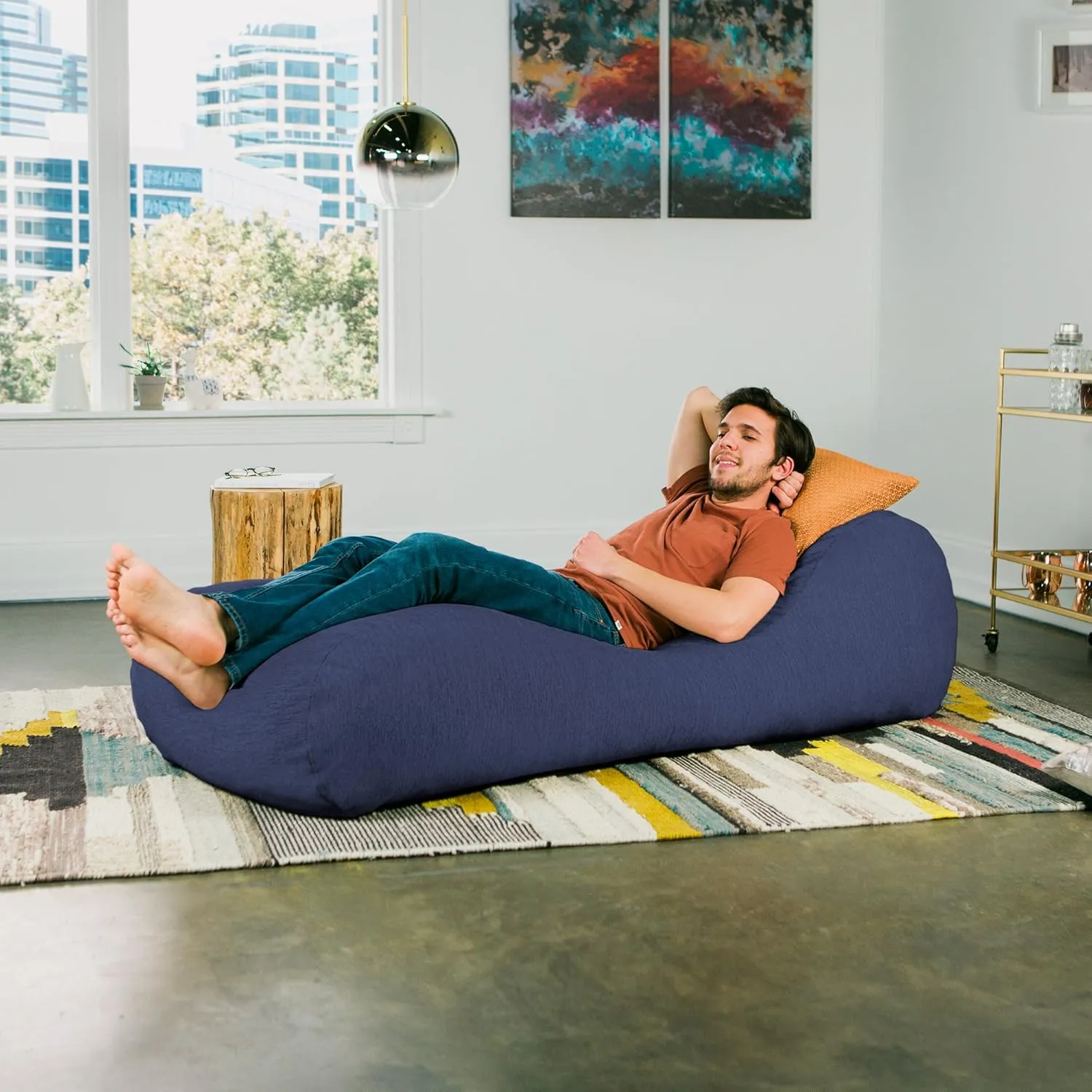 Jaxx Arlo Chaise Lounger Foam Bean Bag Chair - Premium Chenille, Navy
