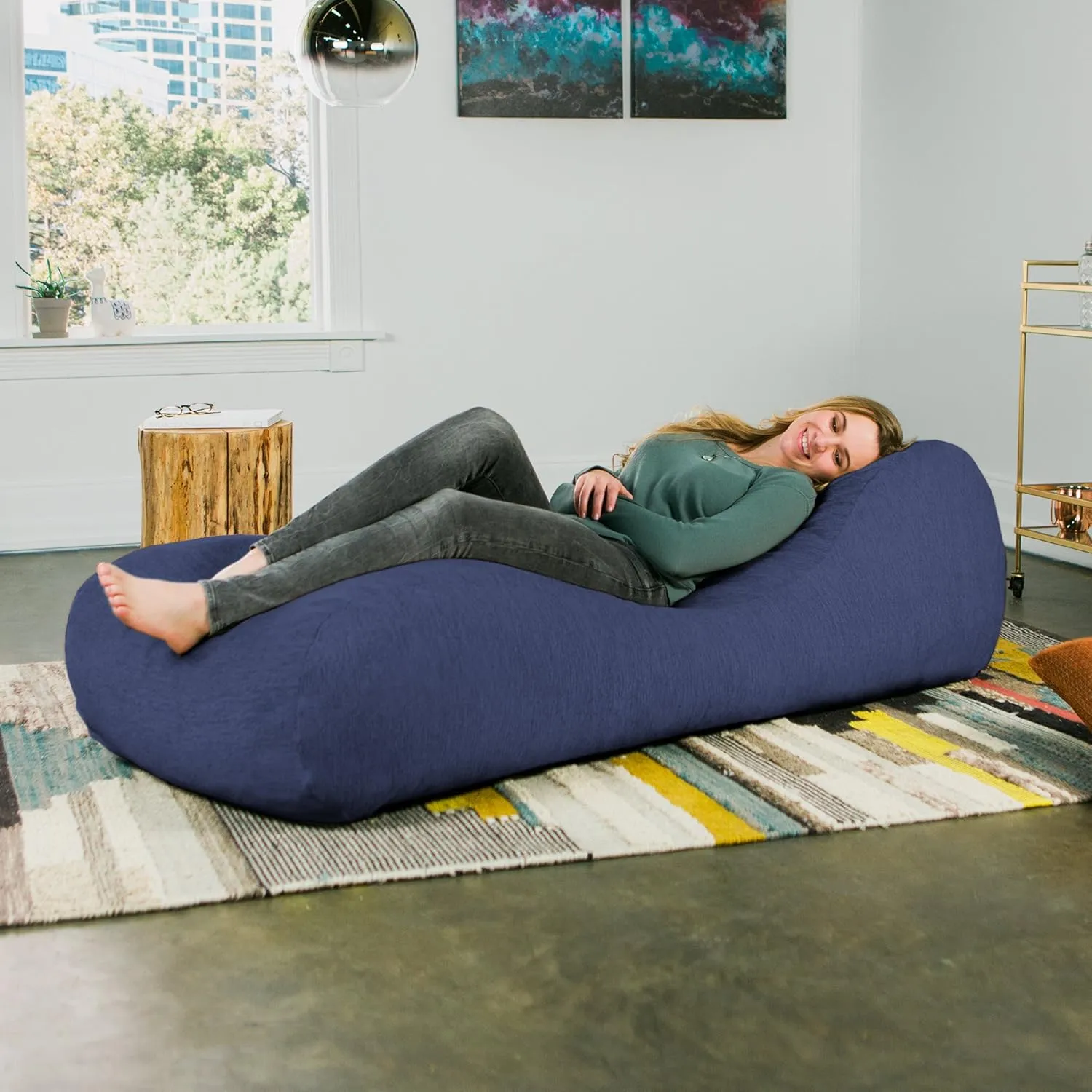 Jaxx Arlo Chaise Lounger Foam Bean Bag Chair - Premium Chenille, Navy