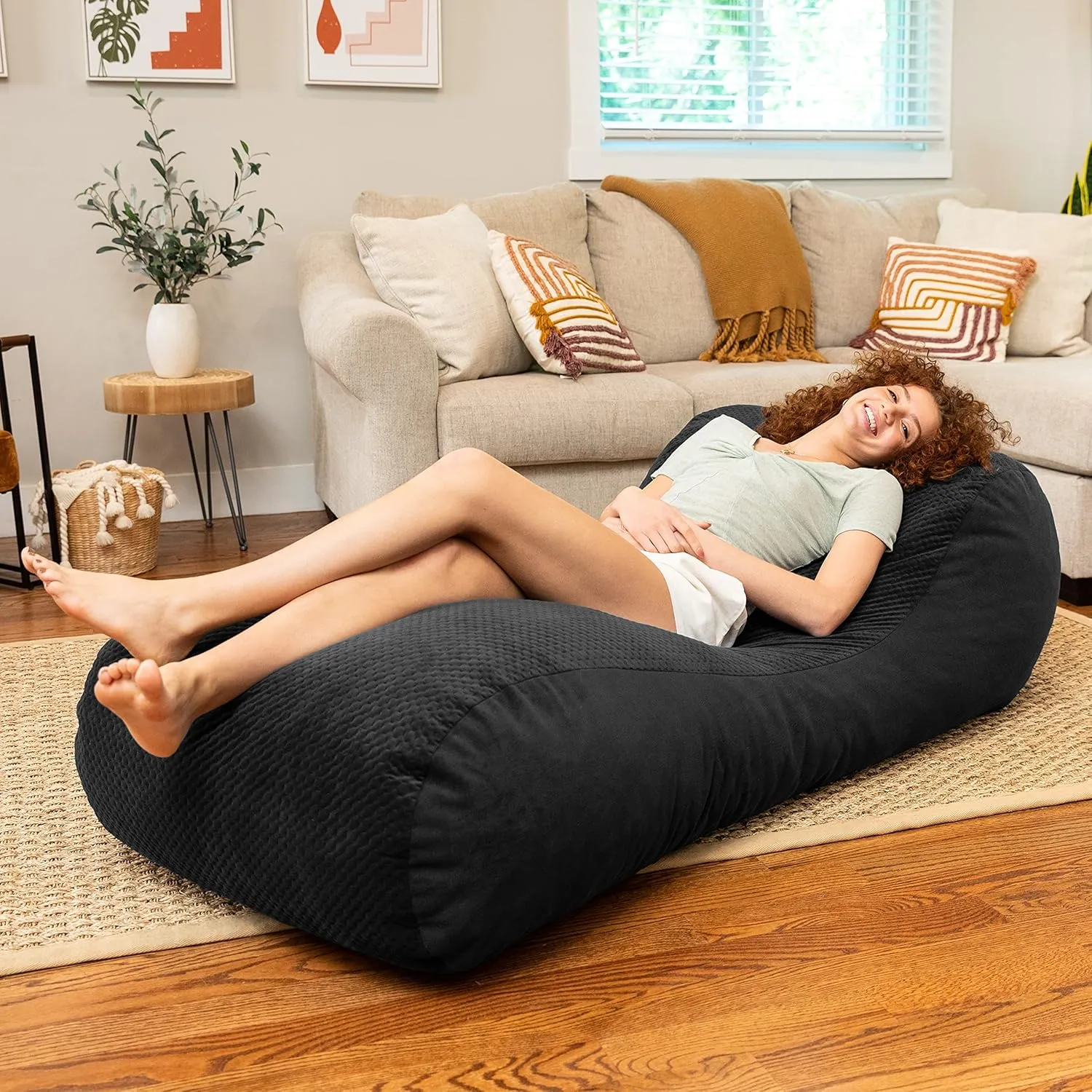 Jaxx Arlo Lounger Foam Bean Bag Chair - Two-Tone - Quilted Microvelvet, Black