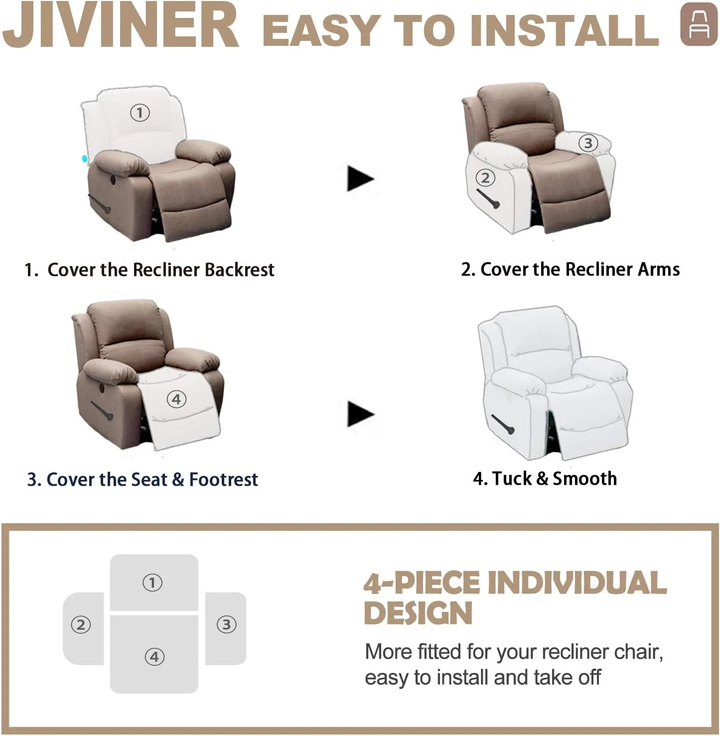 JIVINER 4-Piece Recliner Chair Covers Stretch Jacquard Covers for Reclining Chair Recliner Slipcovers for Living Room Soft Recliner Protector with Pocket (Recliner, Ivory)