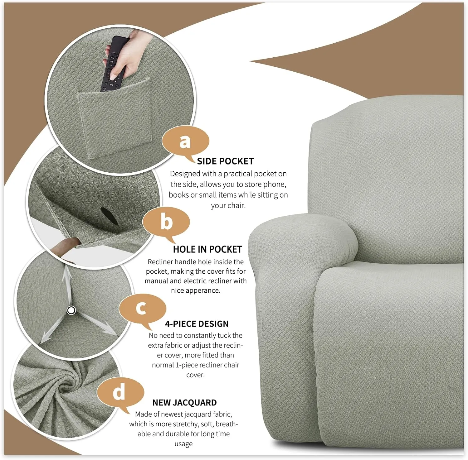 JIVINER 4-Piece Recliner Chair Covers Stretch Jacquard Covers for Reclining Chair Recliner Slipcovers for Living Room Soft Recliner Protector with Pocket (Recliner, Ivory)