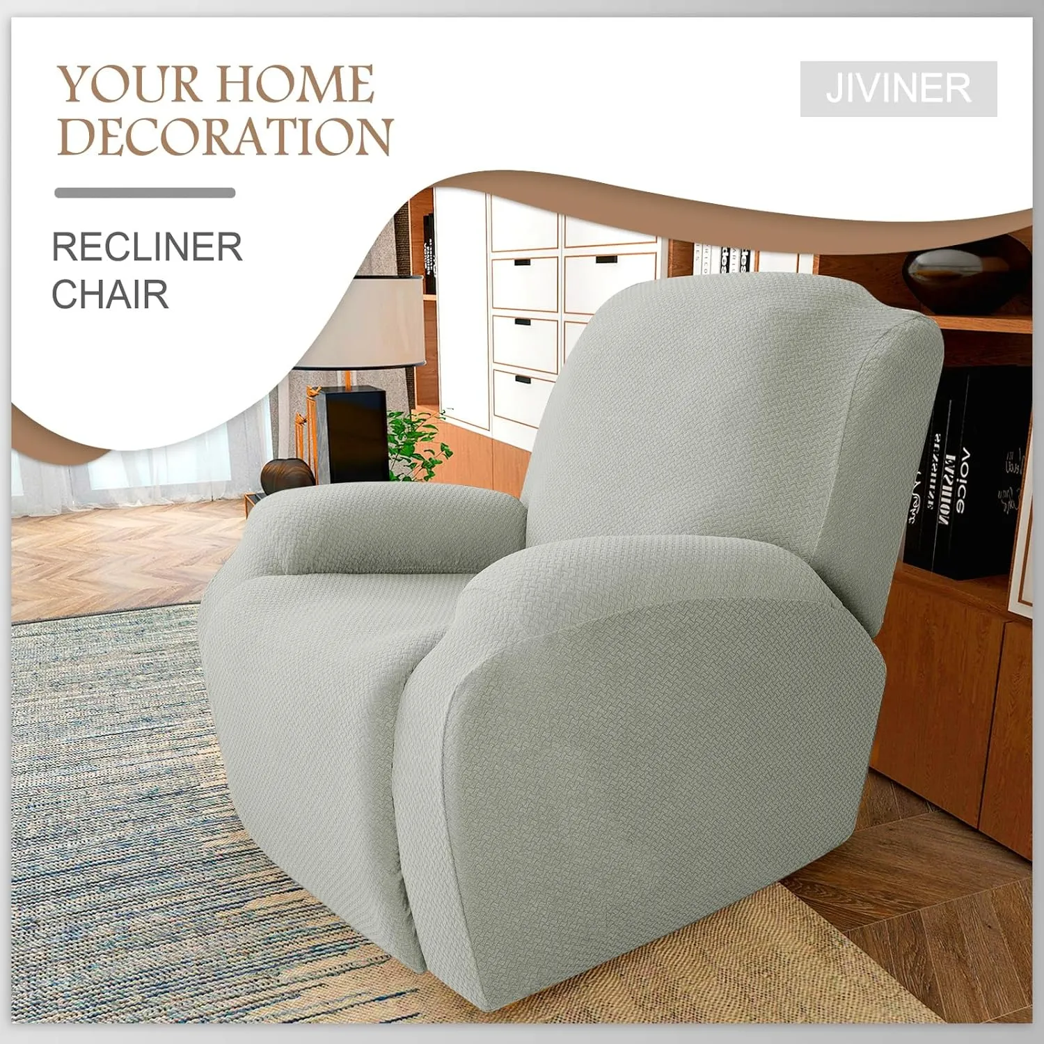 JIVINER 4-Piece Recliner Chair Covers Stretch Jacquard Covers for Reclining Chair Recliner Slipcovers for Living Room Soft Recliner Protector with Pocket (Recliner, Ivory)
