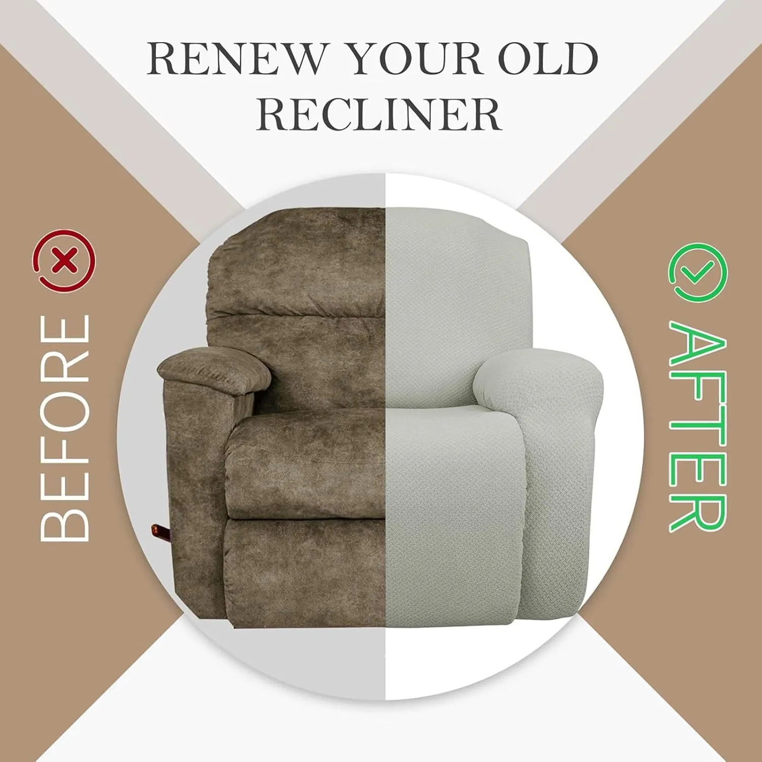 JIVINER 4-Piece Recliner Chair Covers Stretch Jacquard Covers for Reclining Chair Recliner Slipcovers for Living Room Soft Recliner Protector with Pocket (Recliner, Ivory)