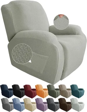JIVINER 4-Piece Recliner Chair Covers Stretch Jacquard Covers for Reclining Chair Recliner Slipcovers for Living Room Soft Recliner Protector with Pocket (Recliner, Ivory)