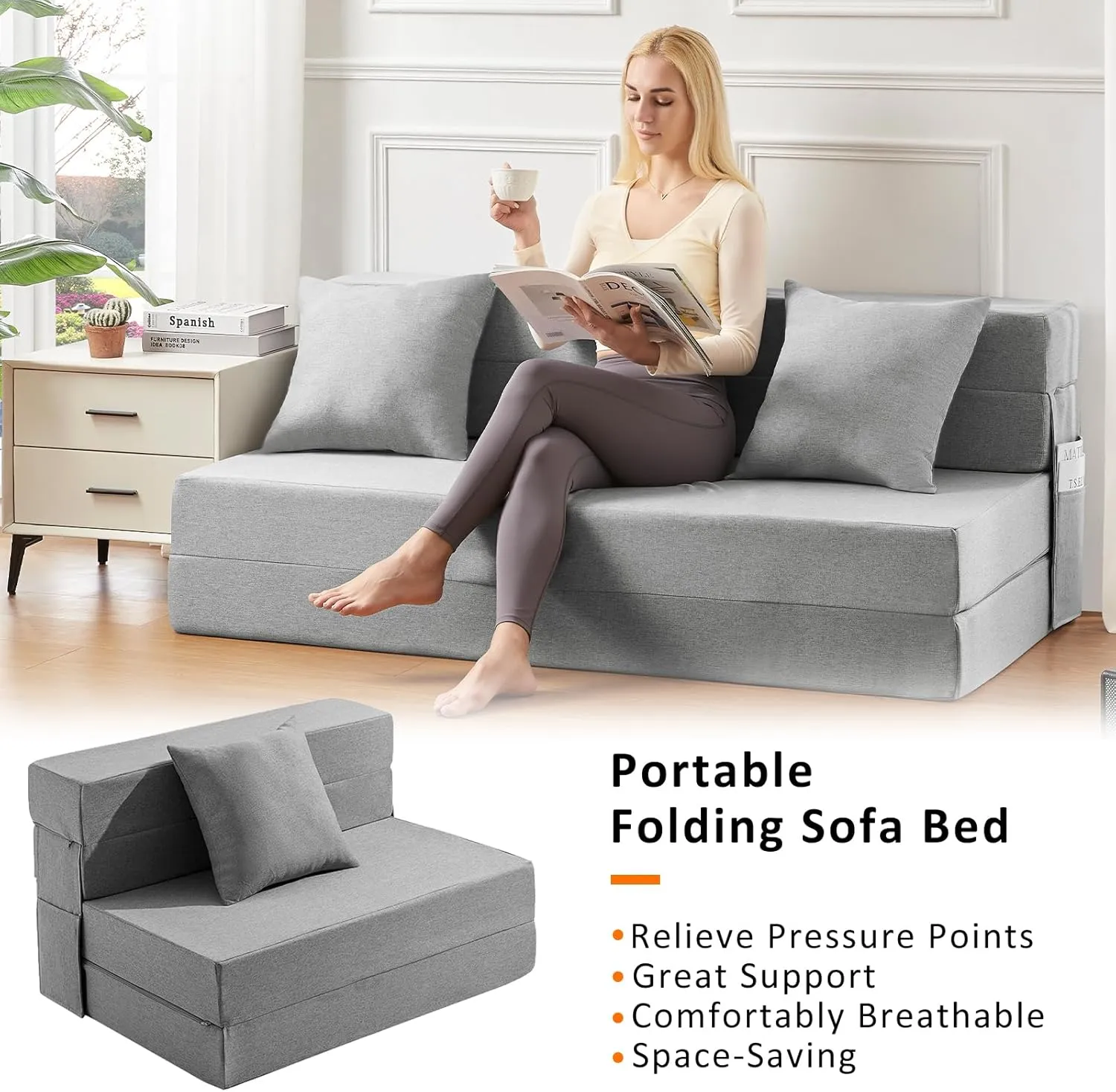 JKMAX Twin Size Folding Sofa Bed - 4 in 1 Futon Couch with Pillow - High Density Memory Foam Futon Chair- Convertible Foldable Mattress with Washable Modern Linen Cover for Living Room (Light Grey)