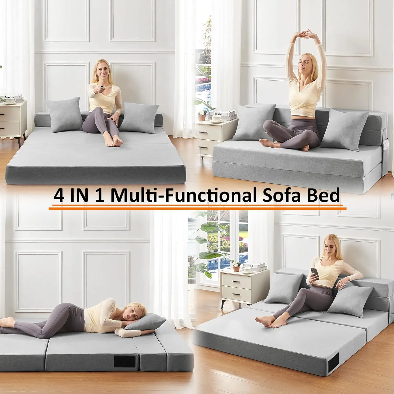 JKMAX Twin Size Folding Sofa Bed - 4 in 1 Futon Couch with Pillow - High Density Memory Foam Futon Chair- Convertible Foldable Mattress with Washable Modern Linen Cover for Living Room (Light Grey)
