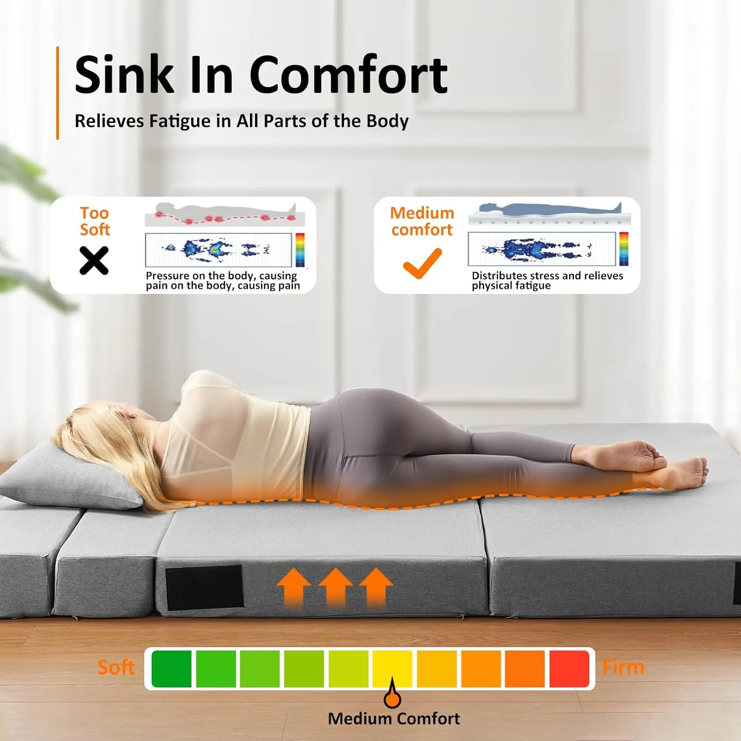 JKMAX Twin Size Folding Sofa Bed - 4 in 1 Futon Couch with Pillow - High Density Memory Foam Futon Chair- Convertible Foldable Mattress with Washable Modern Linen Cover for Living Room (Light Grey)