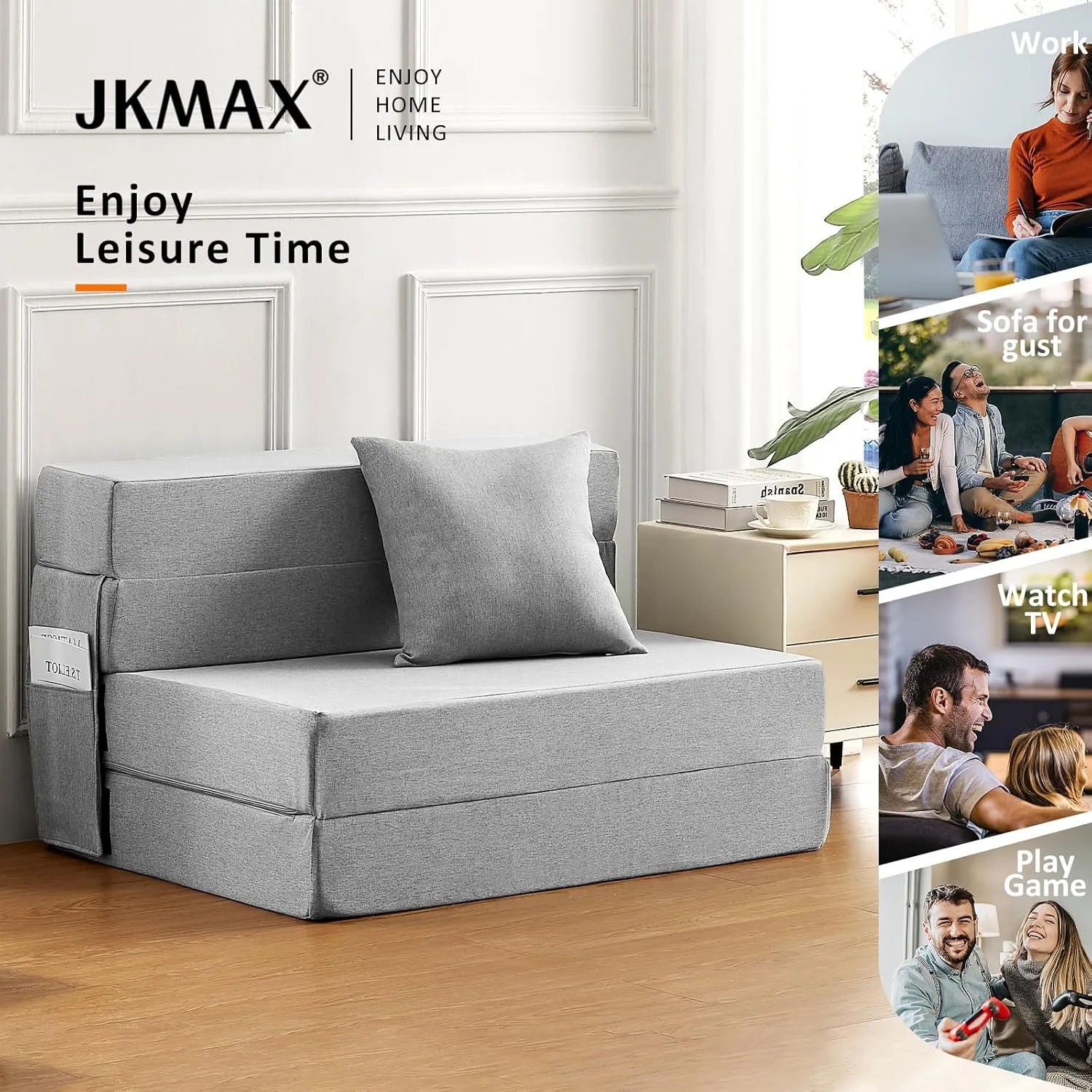 JKMAX Twin Size Folding Sofa Bed - 4 in 1 Futon Couch with Pillow - High Density Memory Foam Futon Chair- Convertible Foldable Mattress with Washable Modern Linen Cover for Living Room (Light Grey)