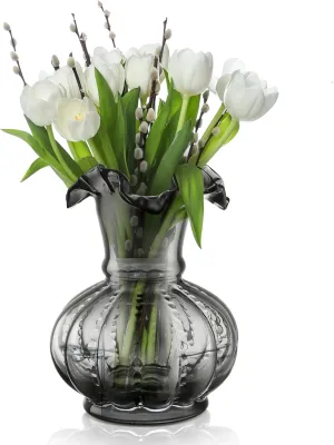 Joeyan Handmade Grey Glass Flower Vase,7.9" Vintage Decorative Urn Vase for Centrepieces Bouquet Wedding,Colored Thickened Pedestal Vase Decorations for Rustic Home Living Room Office Farmhouse